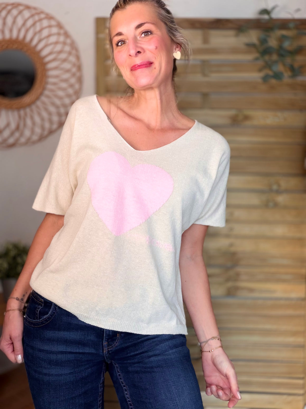 Pull fin col V gros cœur rose 🩷 PÉNÉLOPE - FIN DE SÉRIE