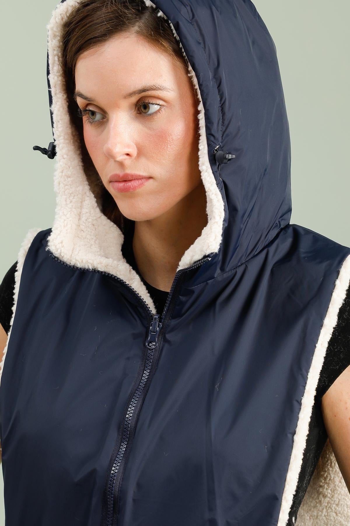 LAURA JO - Col capuche amovible réversible TONY - Bleu marine / Sherpa écru
