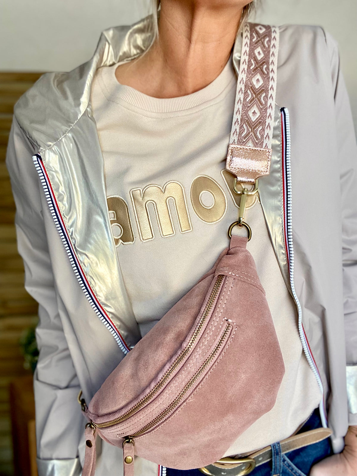 Sac banane double poche en cuir daim - OPALINE - Rose clair / Vieux rose