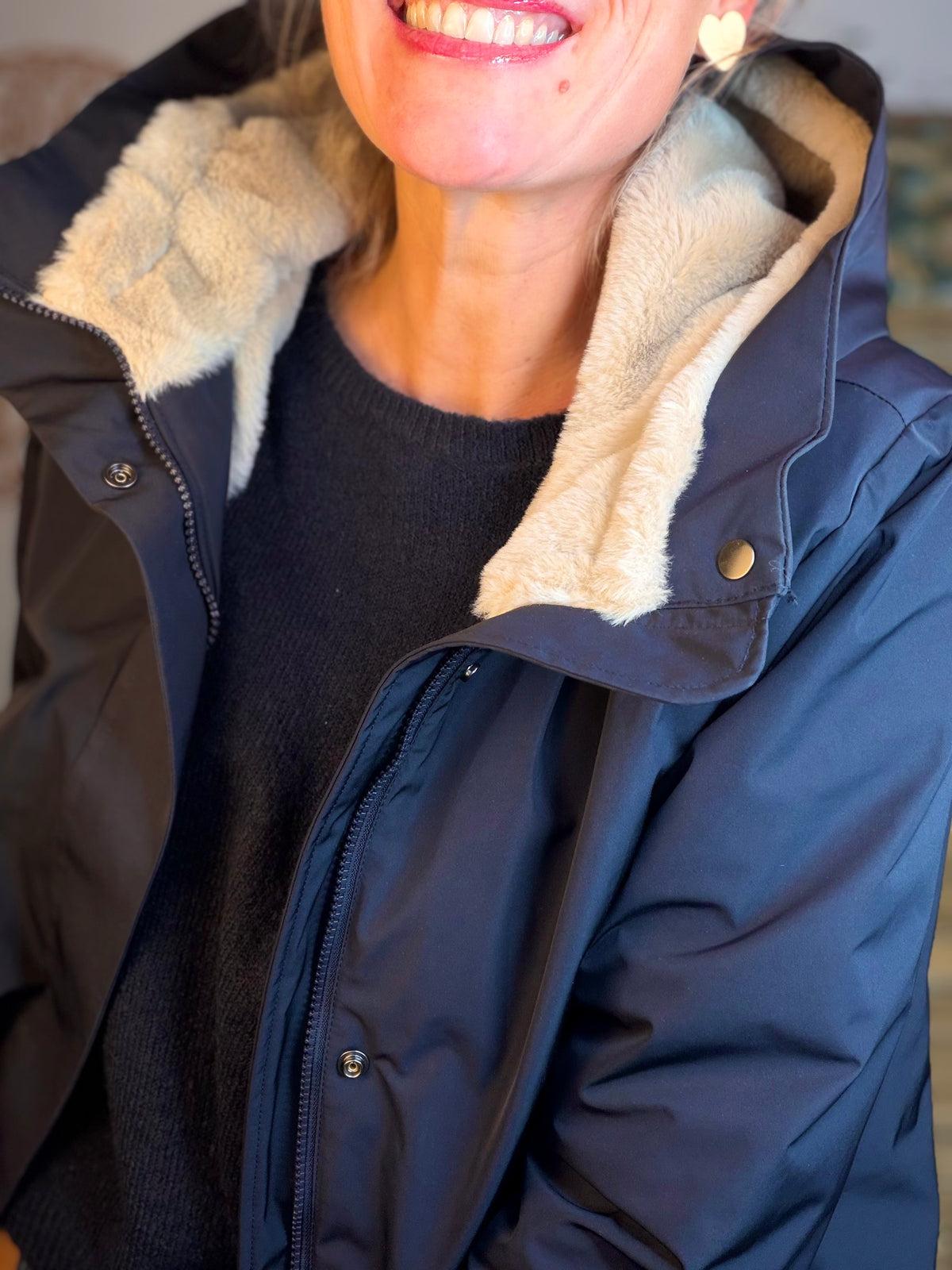 LAURA JO - Parka fourrée imperméable AMBRE LONG - Bleu marine / Beige