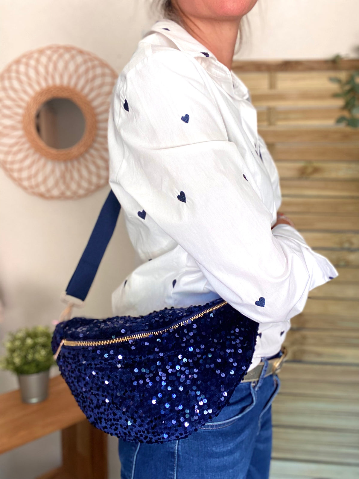Sac banane L velours à sequins Ciao Boum - TAYLOR - Bleu marine