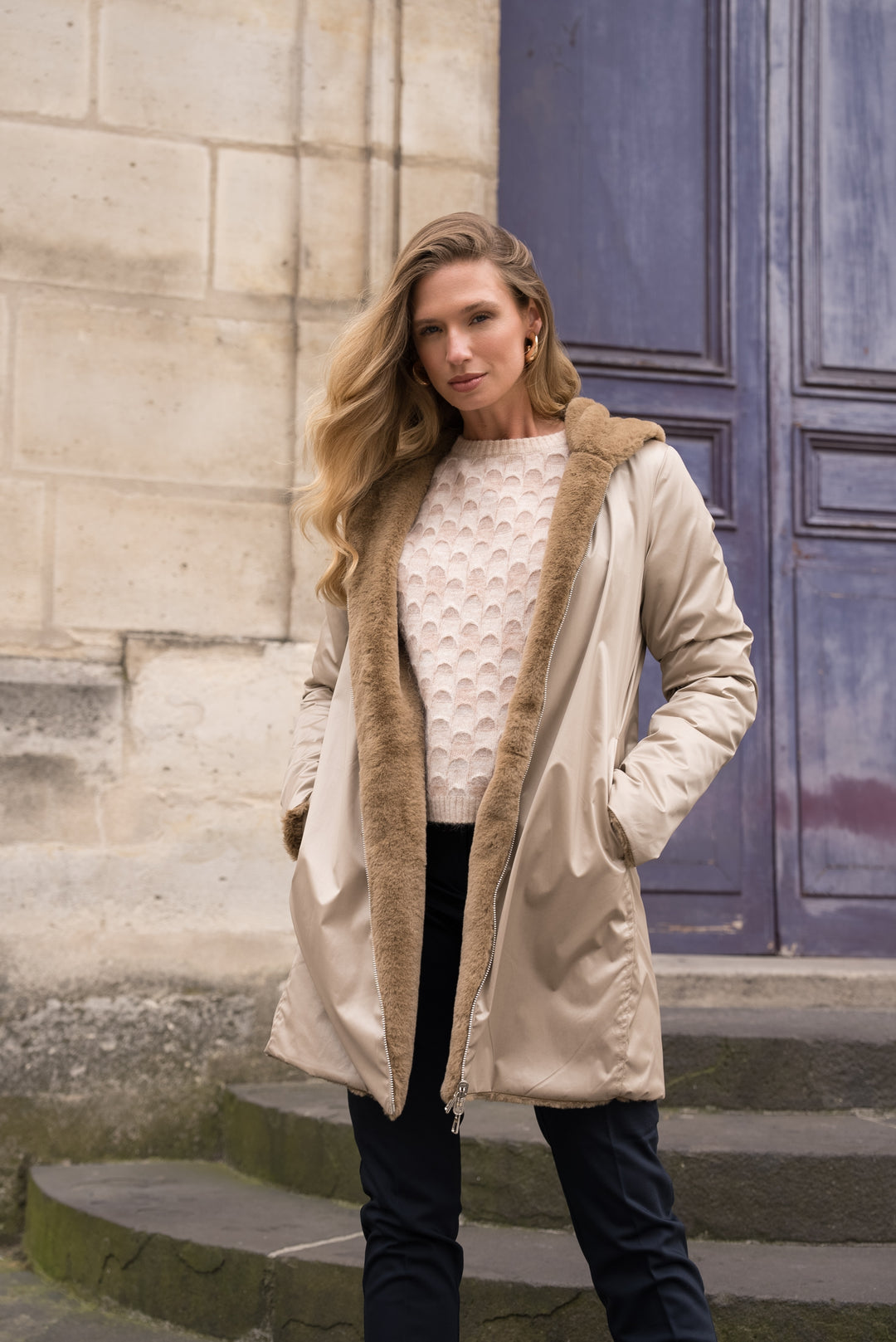 LAURA JO - Parka Imperméable réversible fourrée Sable irisé / Camel ALIX Long