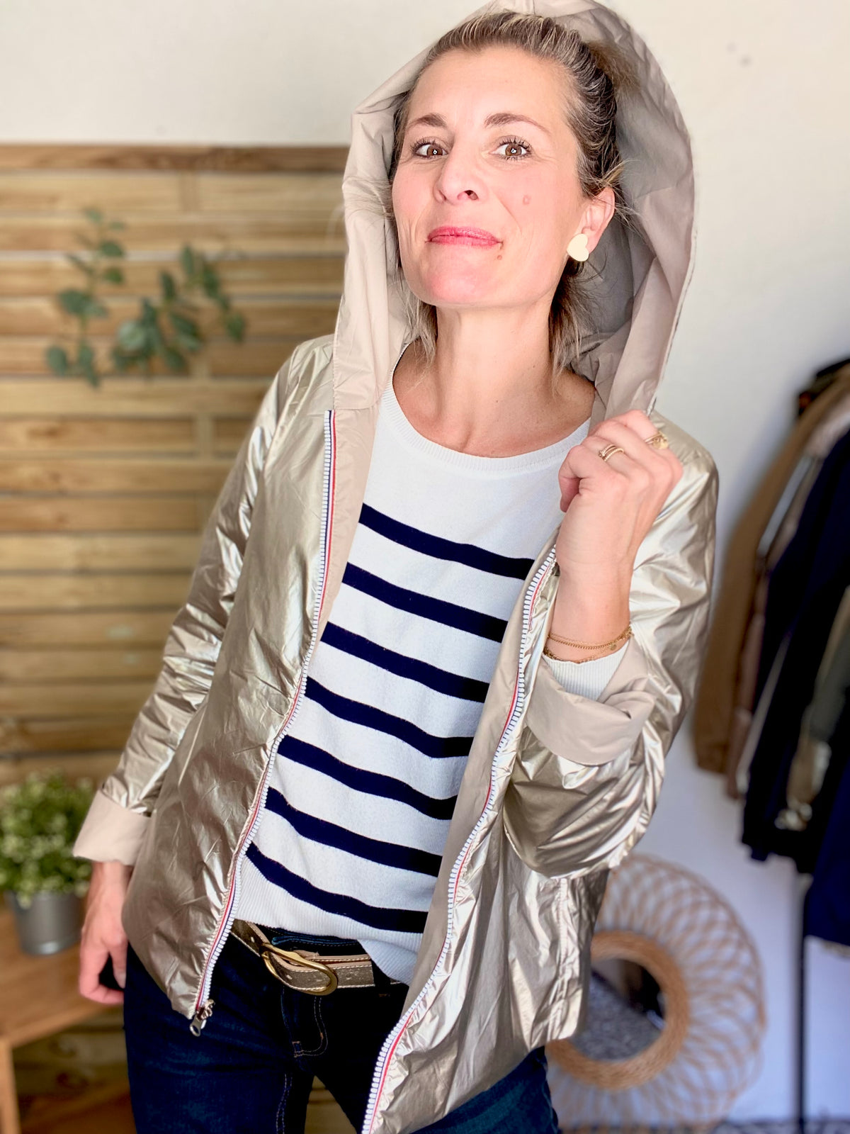 LAURA JO - Imperméable réversible rembourré LOUISON COURT - Beige / Doré • DÉSTOCKAGE sur Taille XL
