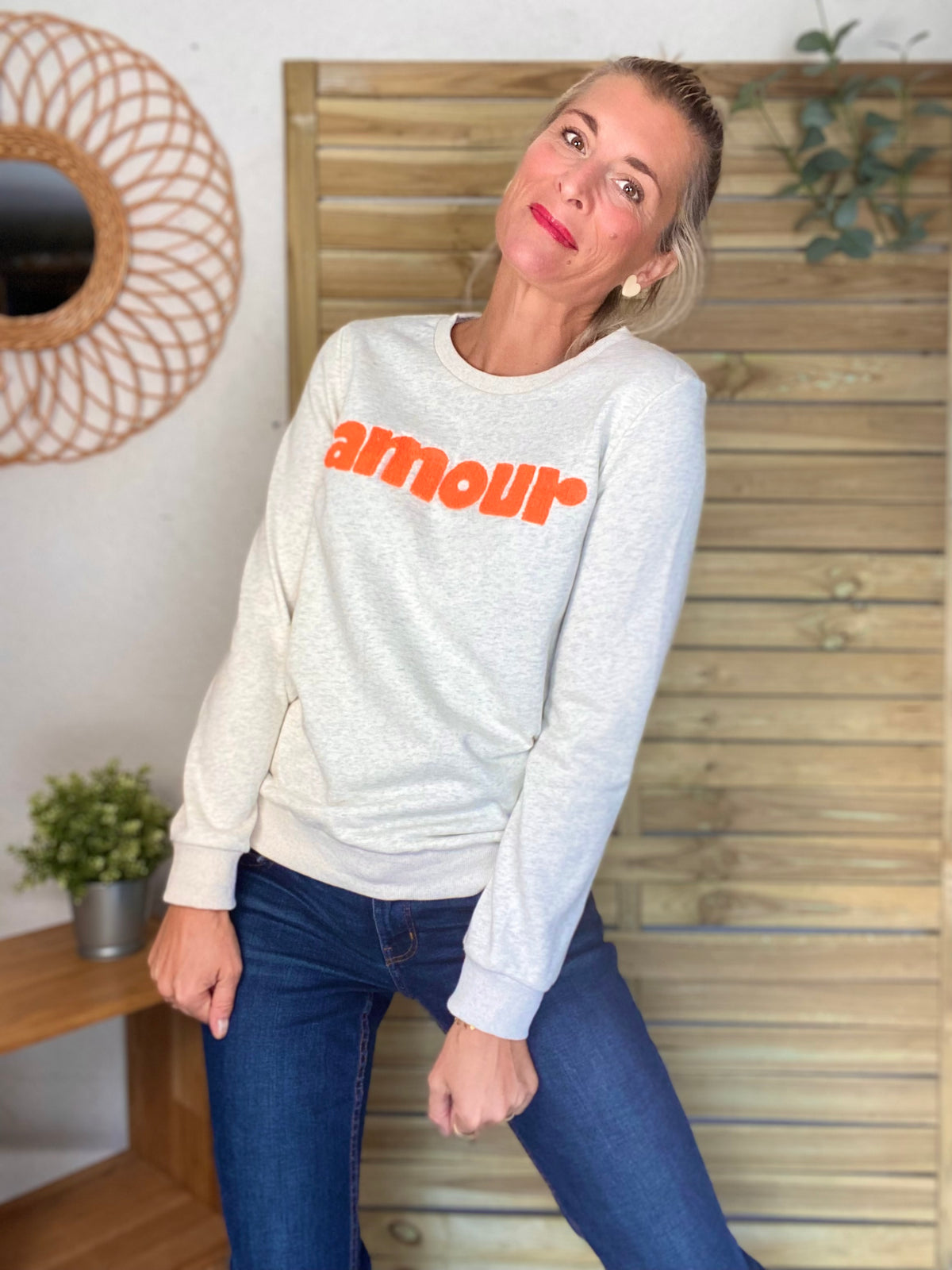 Sweat amour DORIA - Beige chiné / Orange