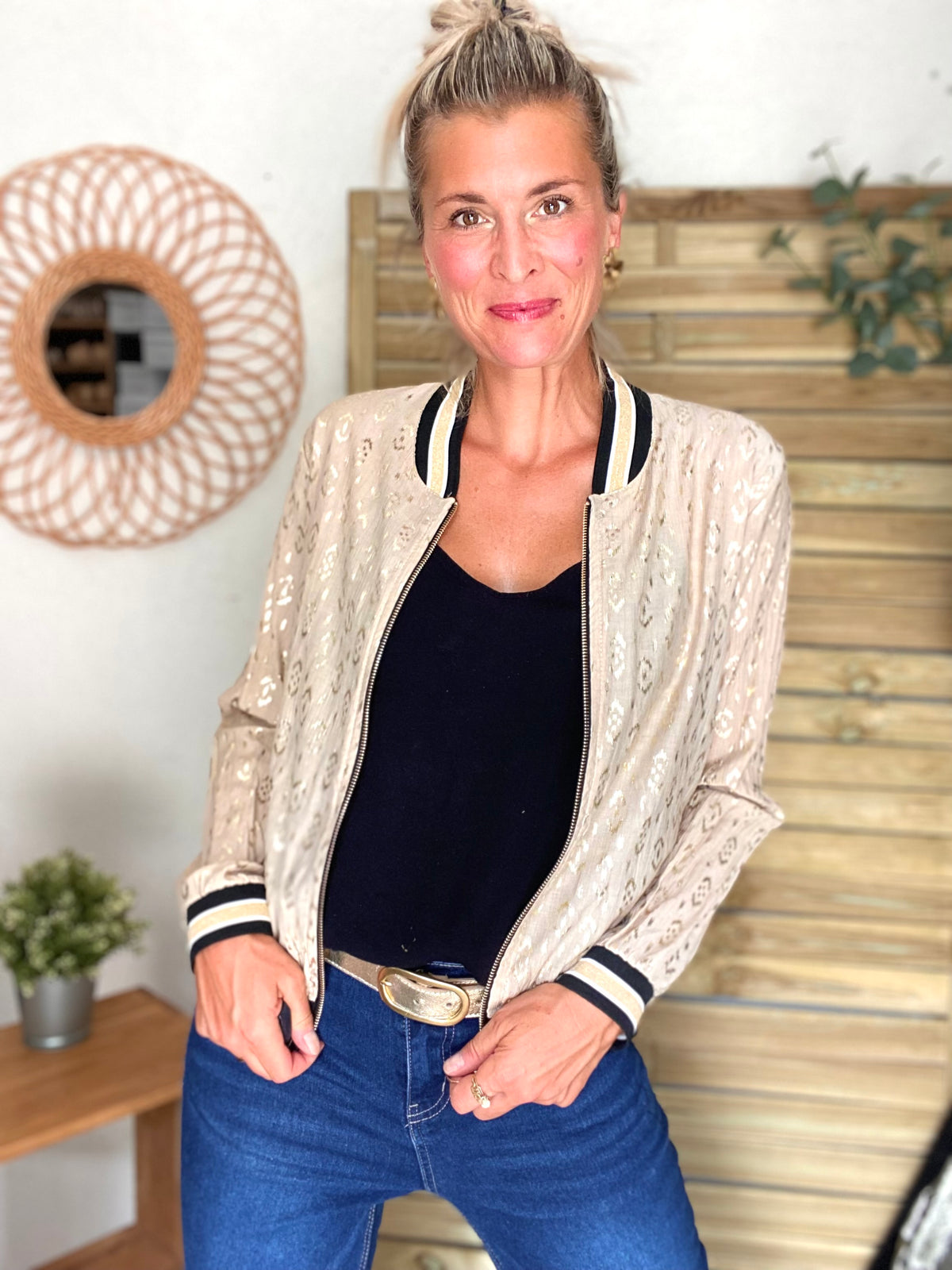 Veste bombers léger EMILY - imprimé Doré Beige (losanges)