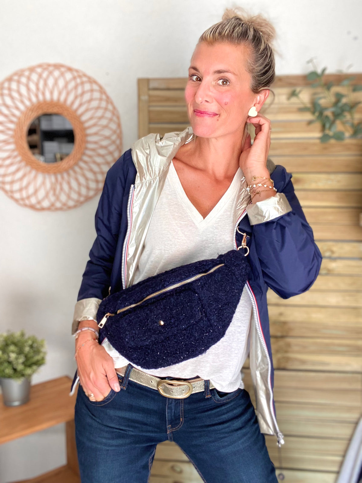 Sac banane XL moumoute lurex avec poche avant - CHELSEA - Marine - FIN DE SÉRIE