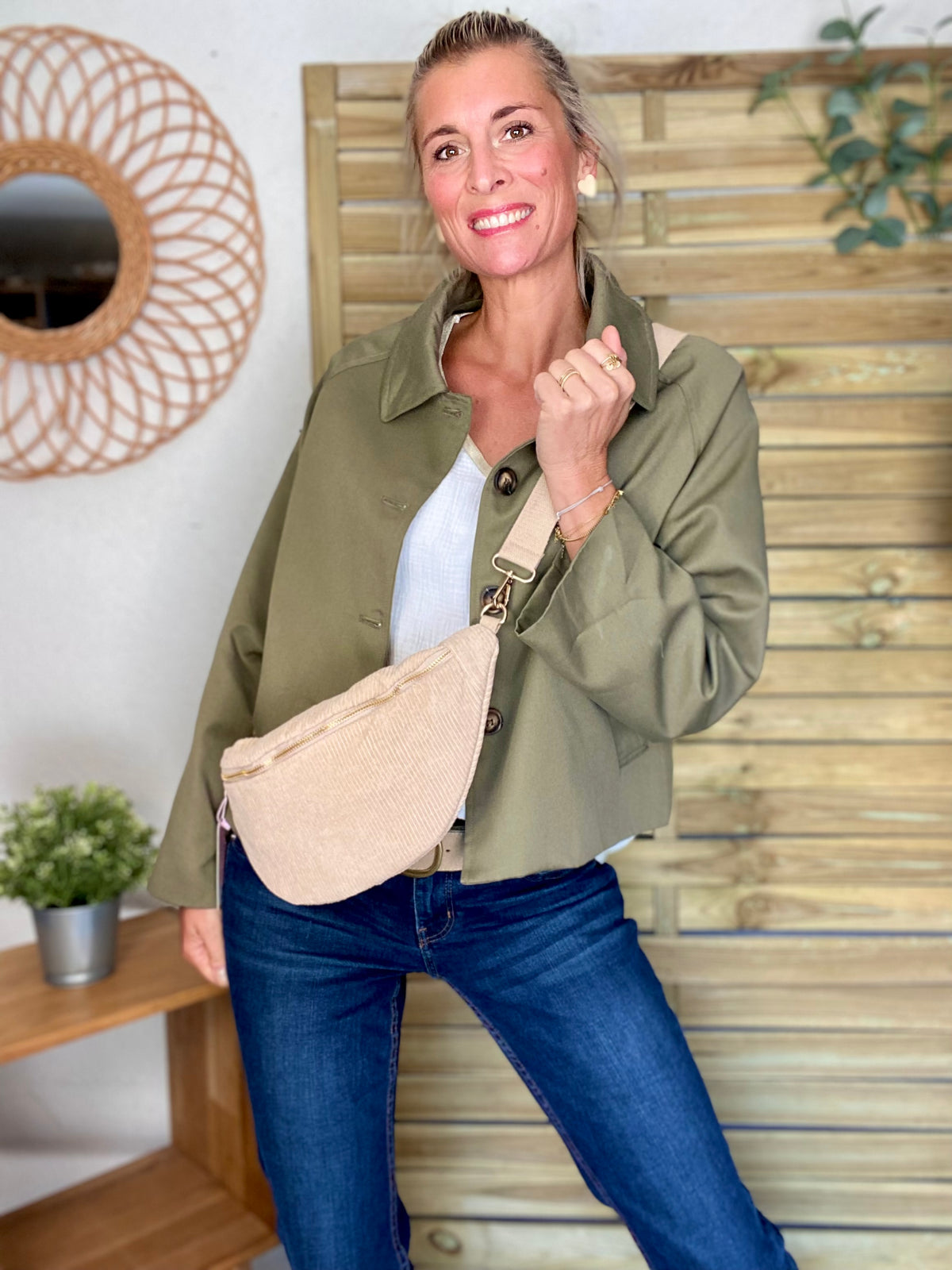 Veste Trench en coton, revers carreaux - YSEULT court Kaki