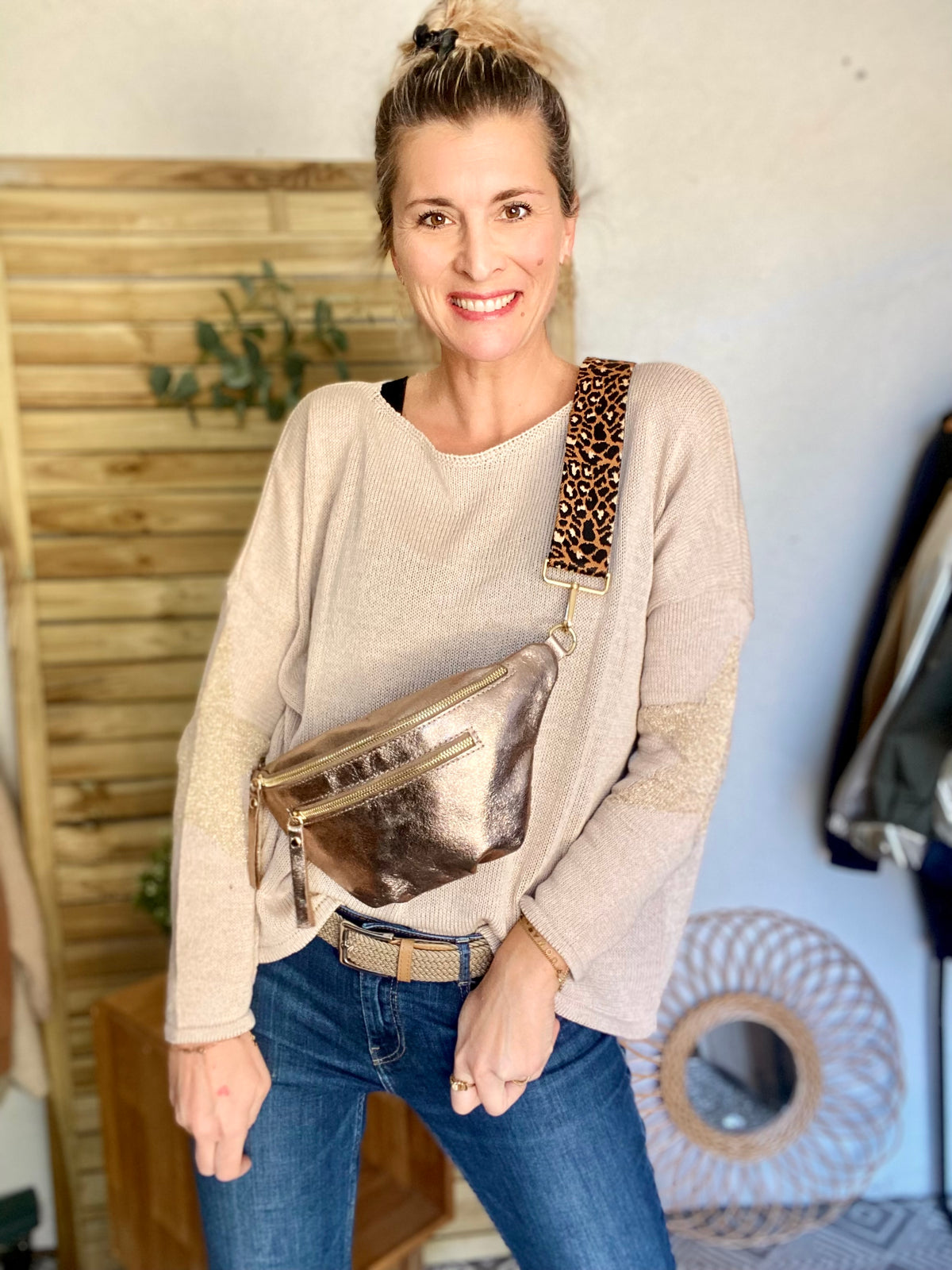 Sac banane en cuir irisé double poche - ERYN fronces - Bronze