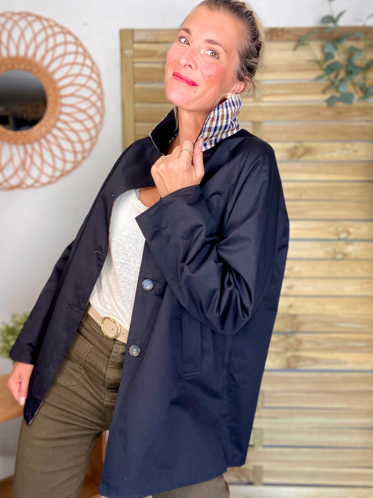Veste Trench mi long réversible vichy LENA Noir - FIN DE SÉRIE