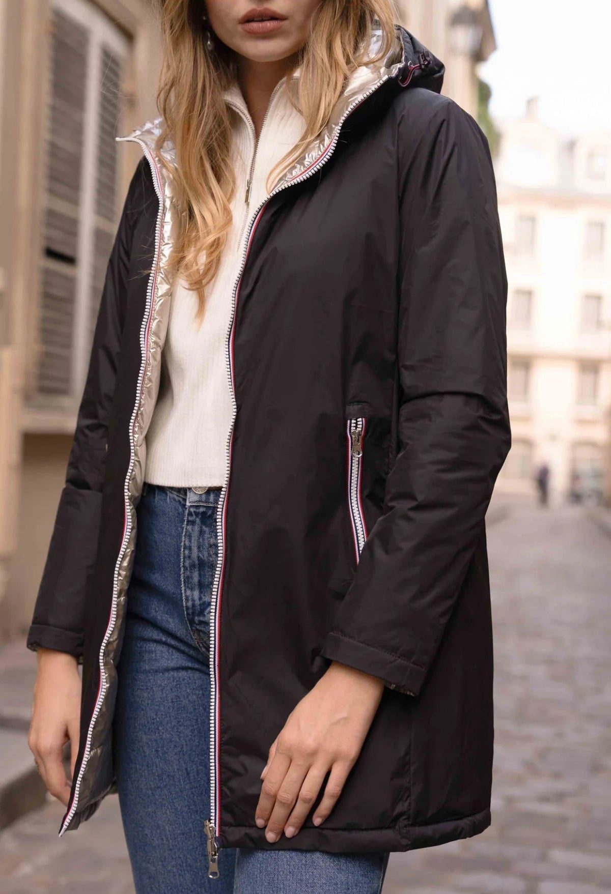 LAURA JO - Doudoune réversible imperméable longue INÈS - Noir / Doré - FIN DE SÉRIE