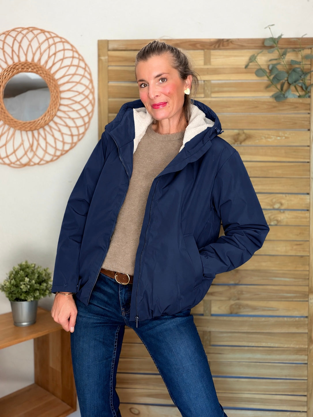 LAURA JO - Imperméable fourré sherpa EVA court - Bleu marine
