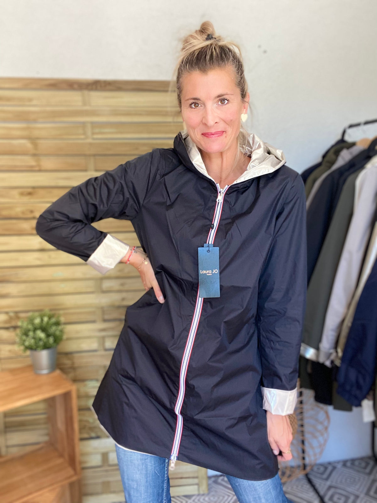 LAURA JO - Imperméable réversible léger GARANCE LONG - Noir/Doré • DESTOCKAGE sur Taille S