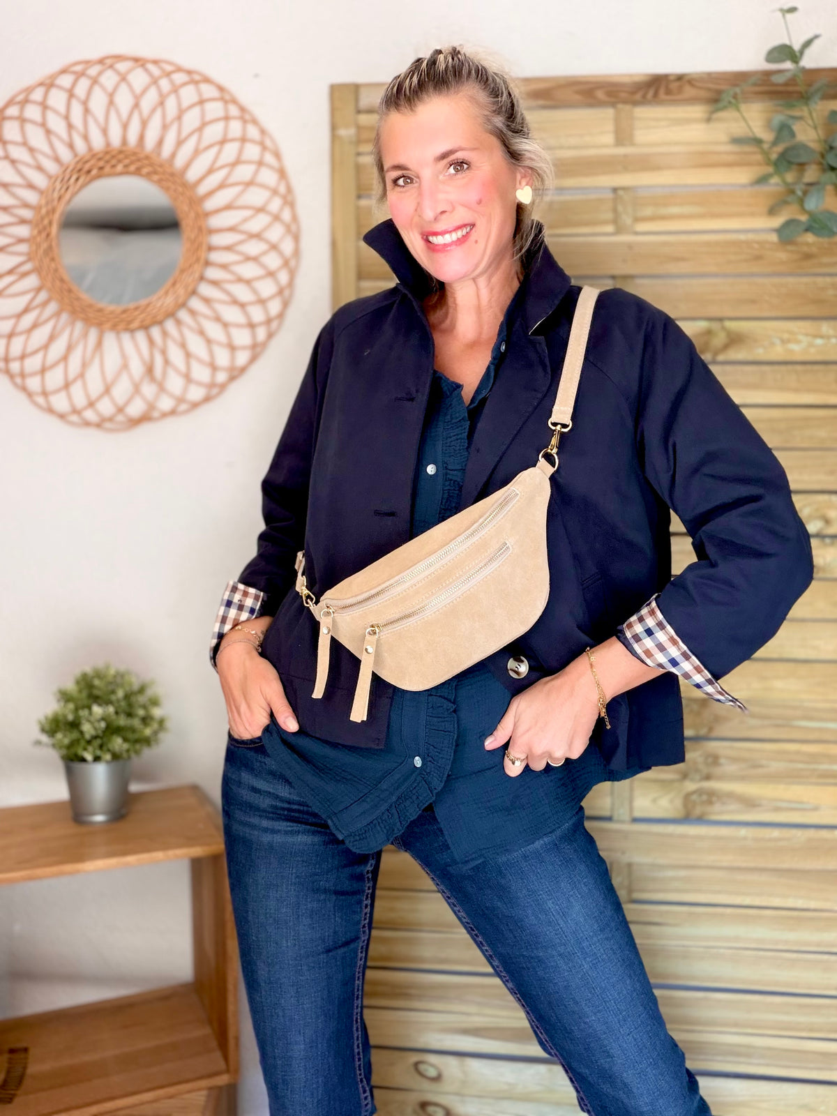Veste Trench en coton avec carreaux - SOLÈNE Bleu marine • FIN DE SÉRIE