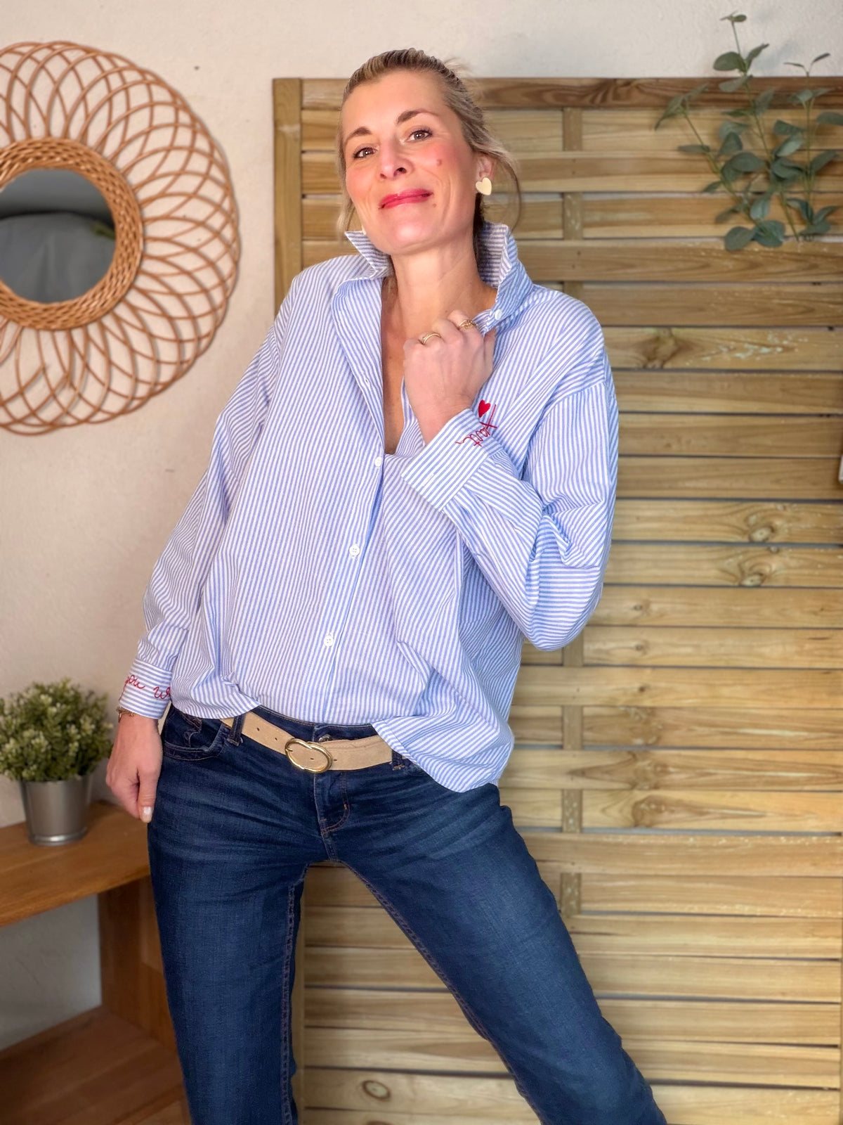 Chemise bleue rayée brodée YOU WON MY HEART ❤️ MAUREEN - FIN DE SÉRIE