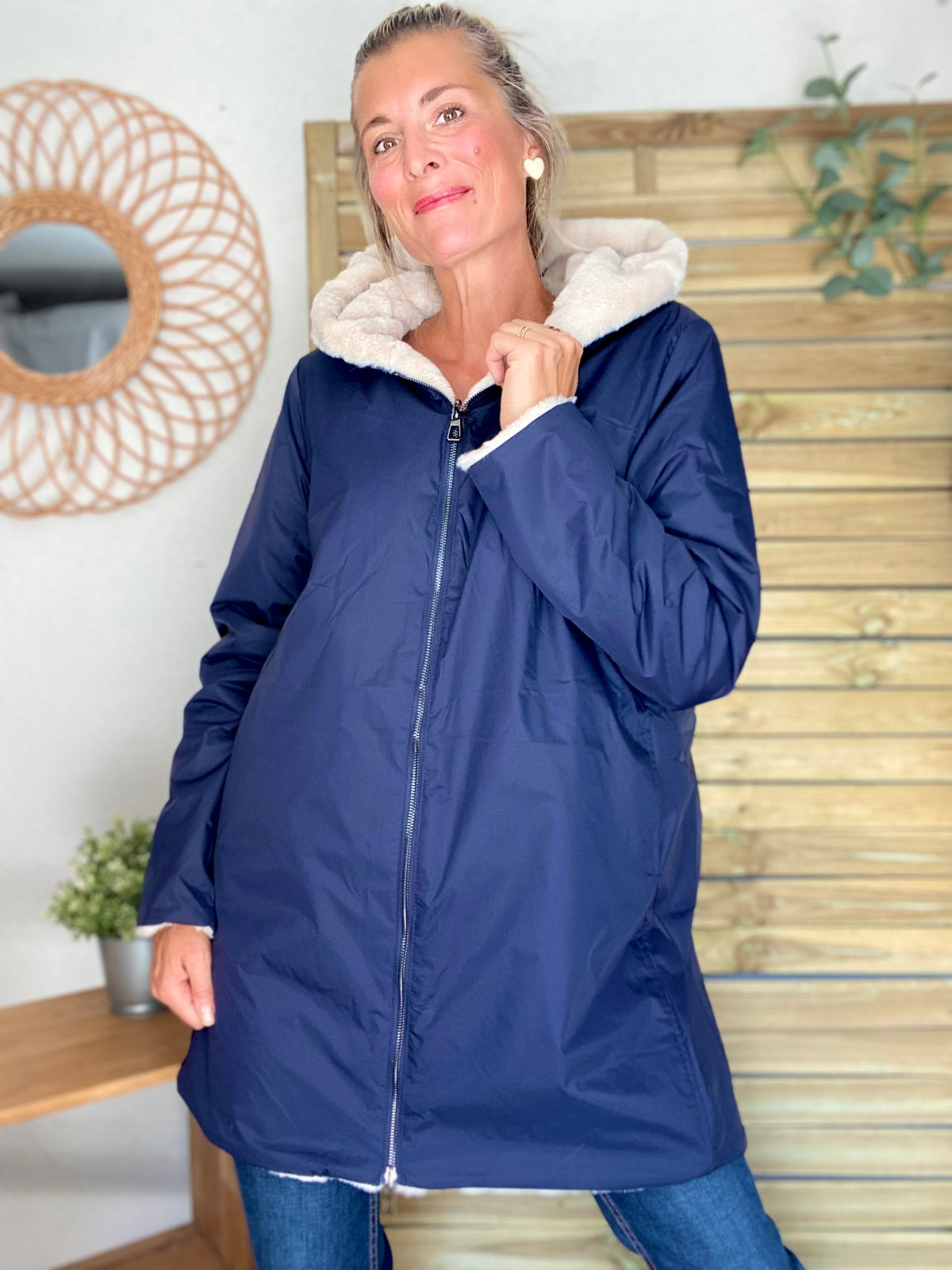 LAURA JO - Parka Imperméable réversible fourrée Bleu marine / Beige ALIX Long