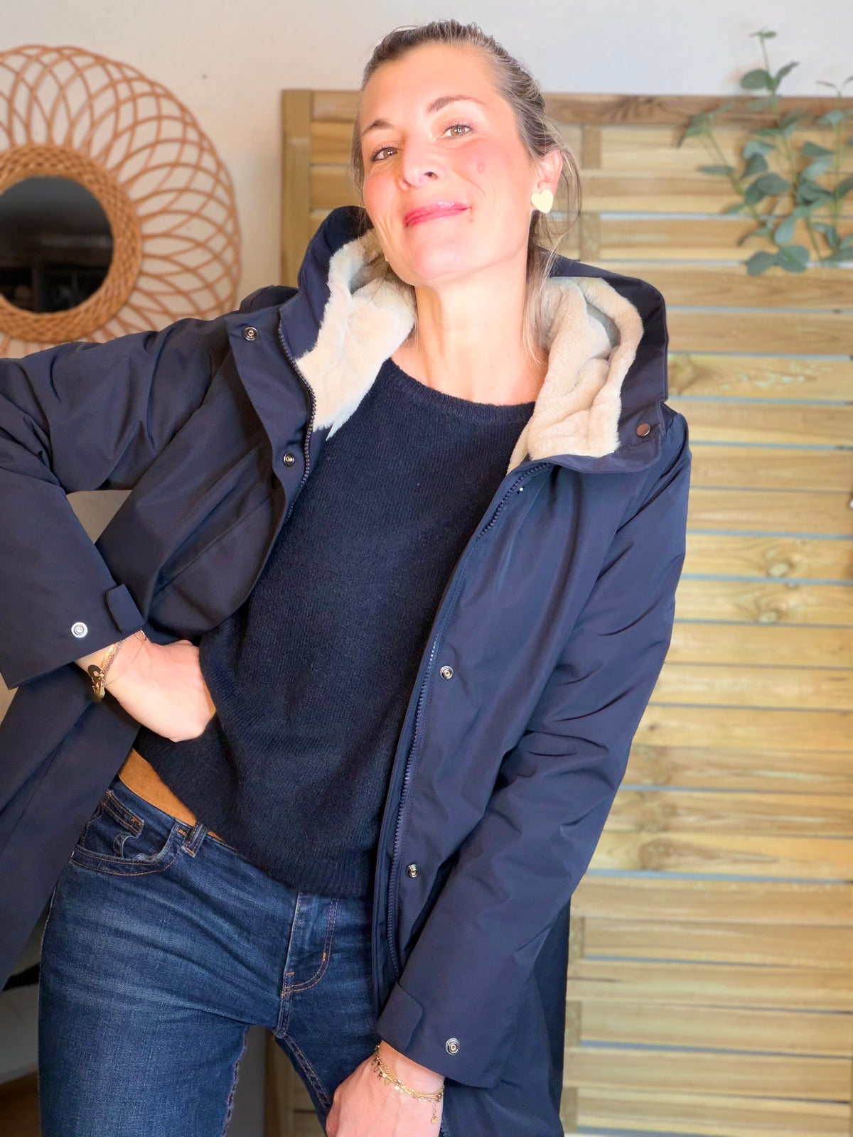 LAURA JO - Parka fourrée imperméable AMBRE LONG - Bleu marine / Beige