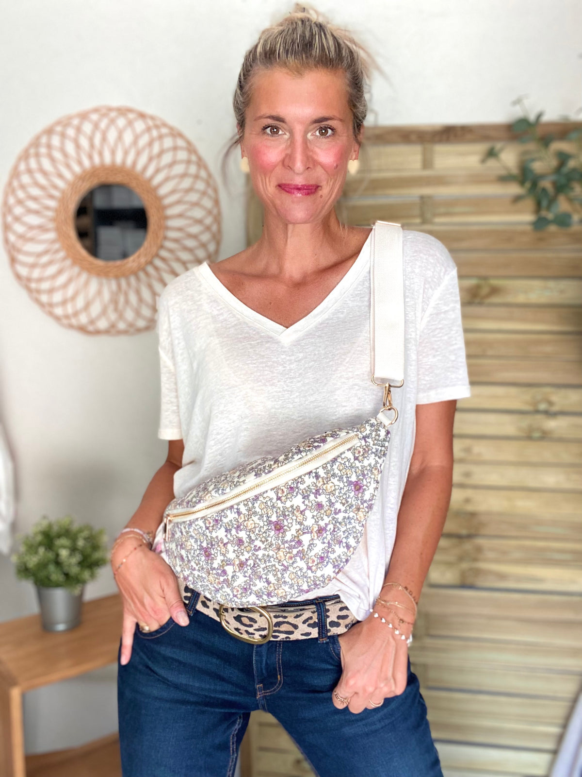Sac banane XL Ciao Boum - IVY - Fleuri blanc et mauve