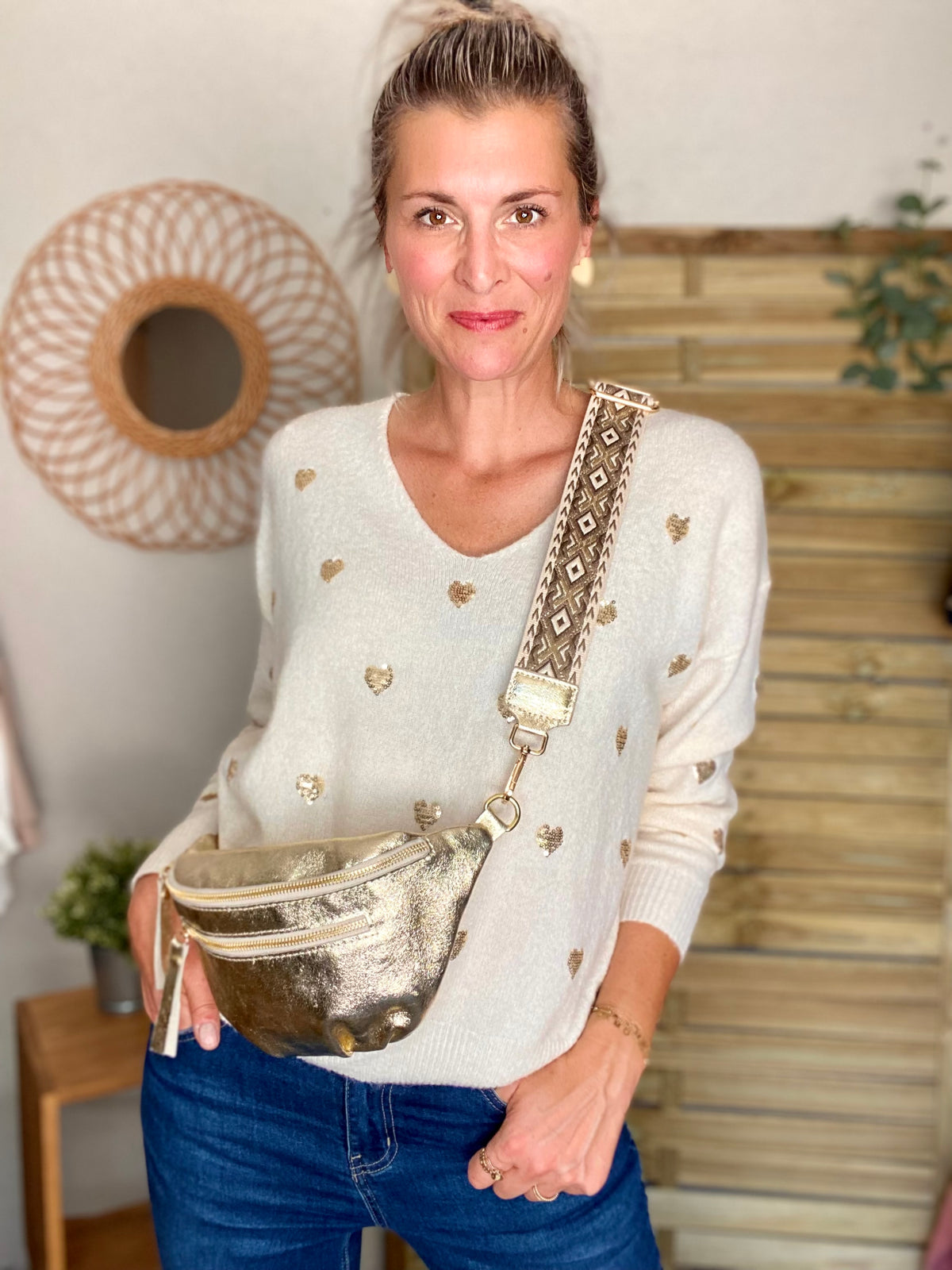 Sac banane en cuir irisé double poche - ERYN fronces - Doré