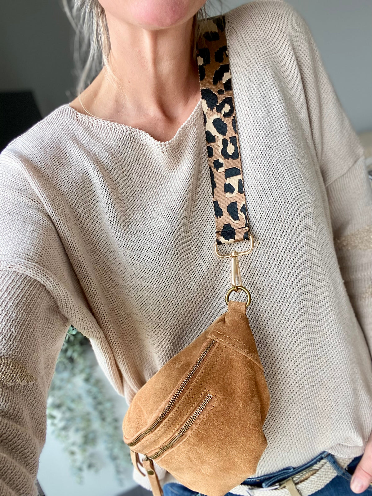 Sac banane double poche en cuir daim - OPALINE - Camel