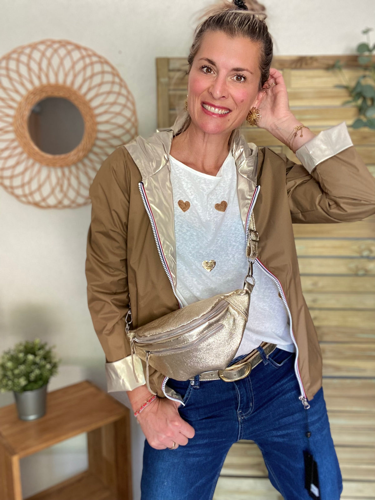 Sac banane en cuir irisé double poche - OPALE - Doré / argent