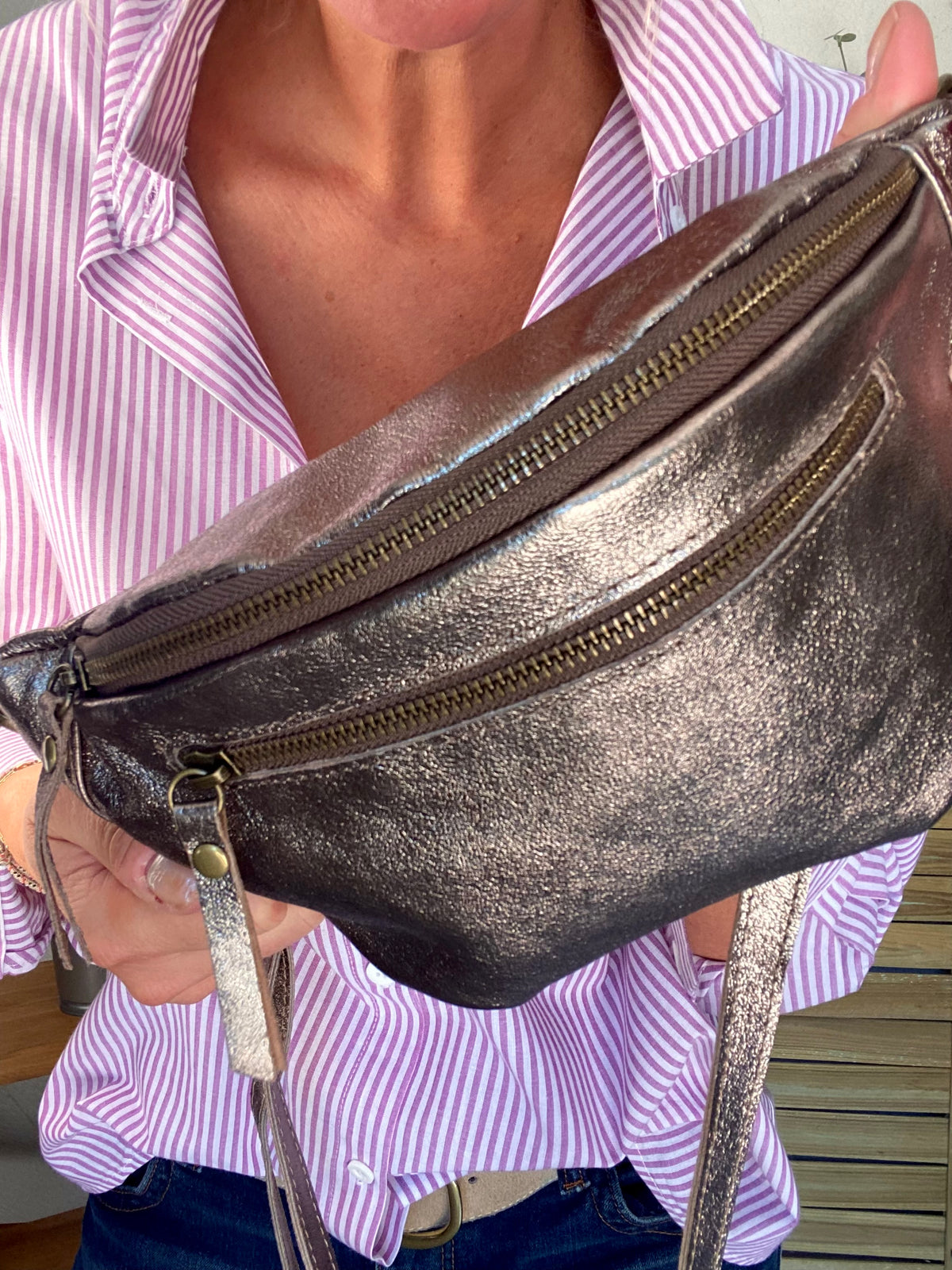 Sac banane en cuir irisé double poche - OPALE - Bronze / Laiton