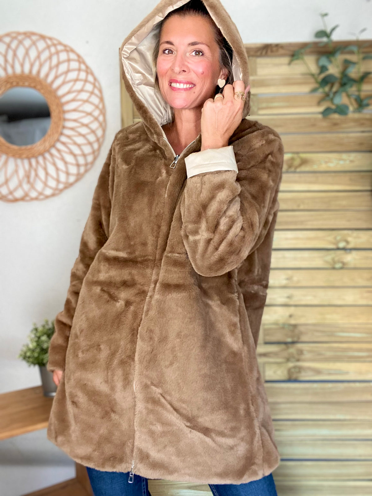 LAURA JO - Parka Imperméable réversible fourrée Sable irisé / Camel ALIX Long