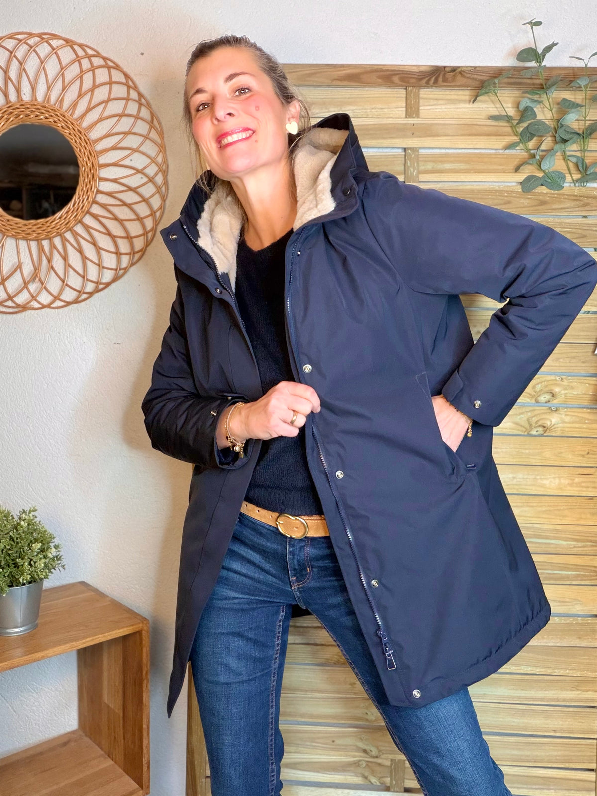 LAURA JO - Parka fourrée imperméable AMBRE LONG - Bleu marine / Beige