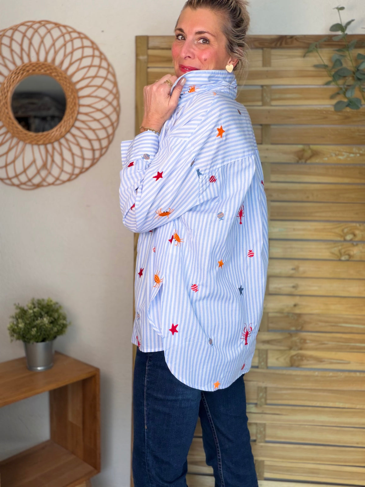 Chemise bleue à rayures coquillages et crustacés - ELORY - FIN DE SÉRIE