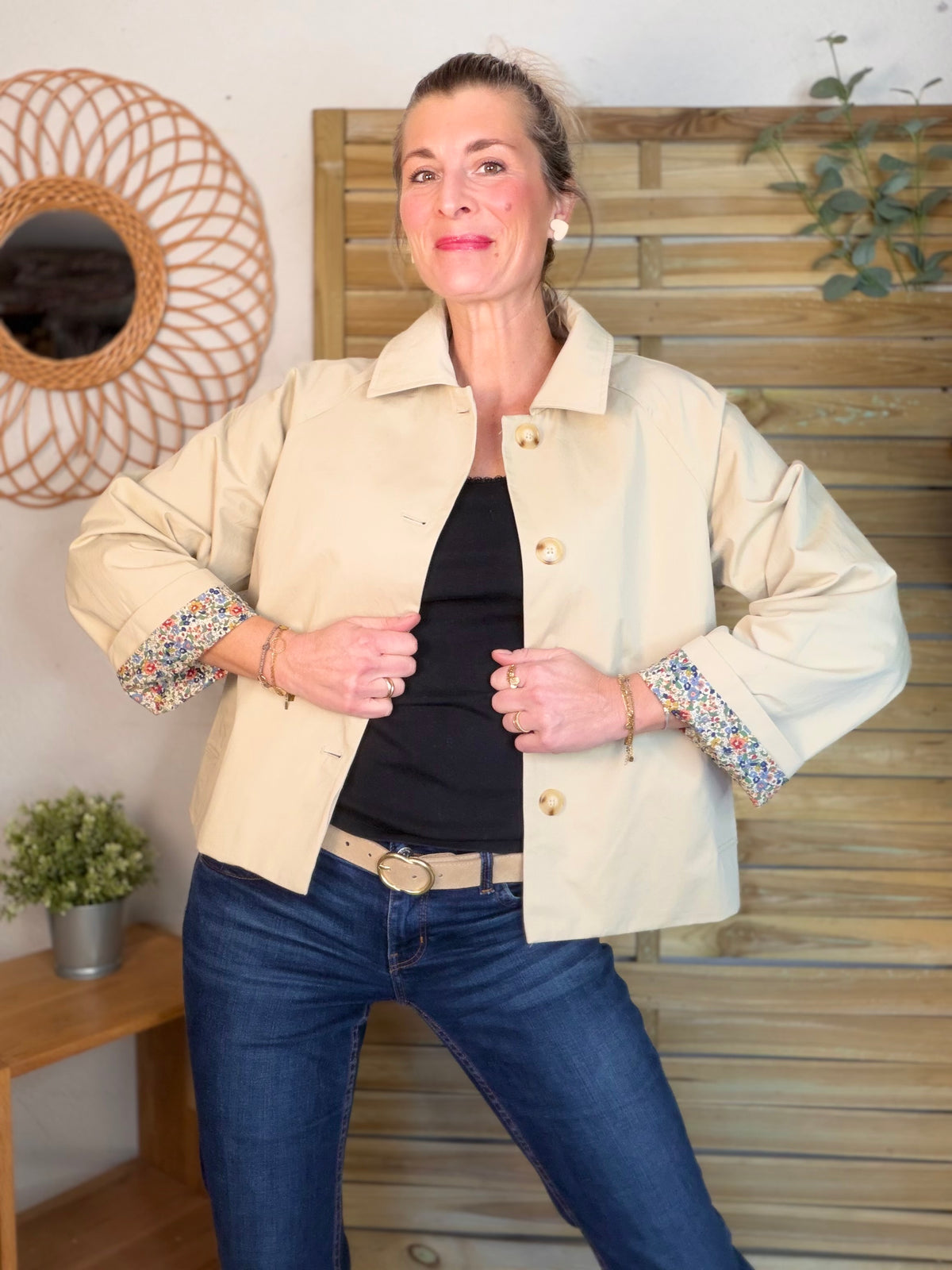 Veste Trench en coton beige avec Liberty - MARION (Taille 2 ans à la Taille XL)