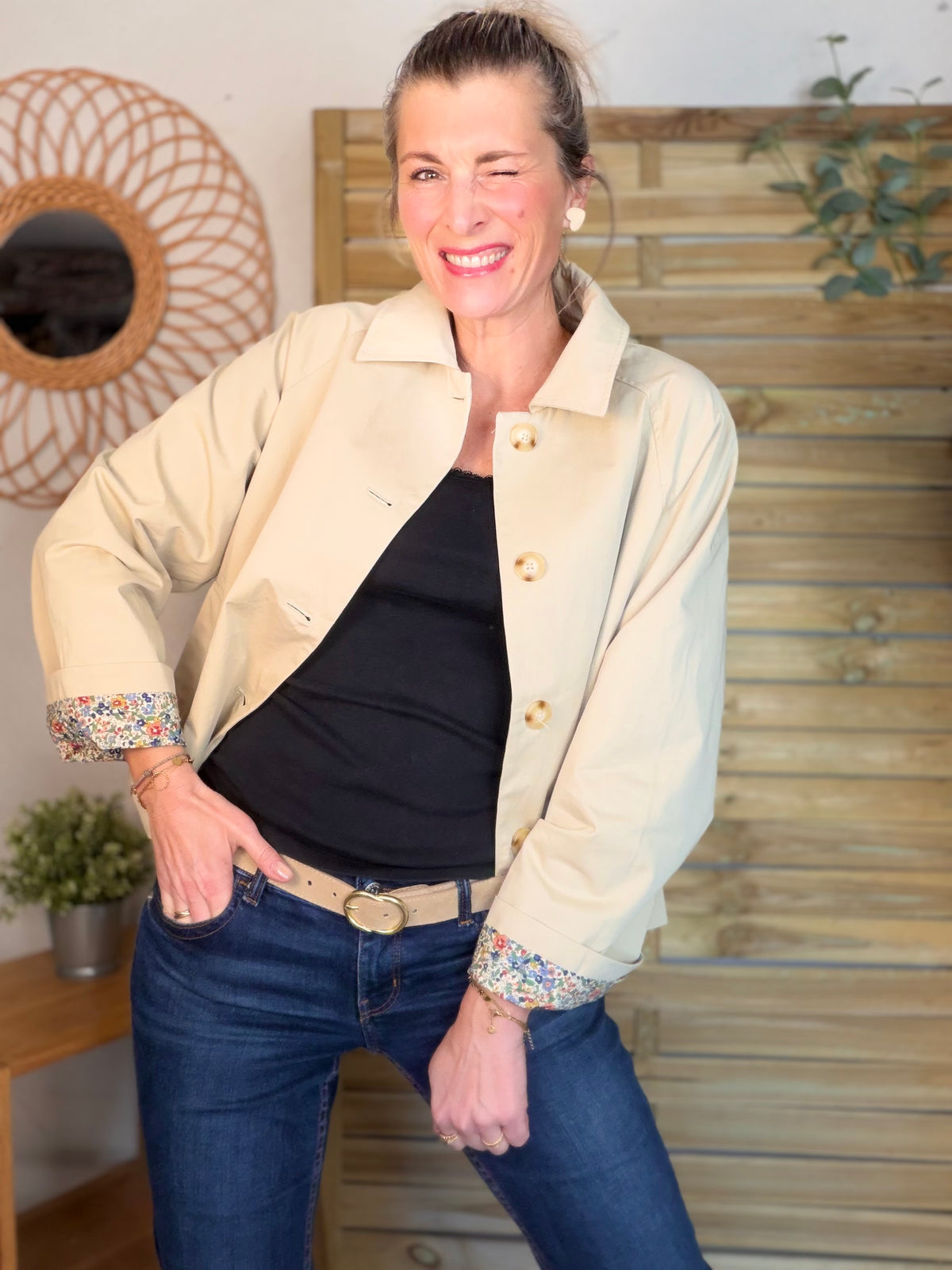 Veste Trench en coton beige avec Liberty - MARION (Taille 2 ans à la Taille XL)