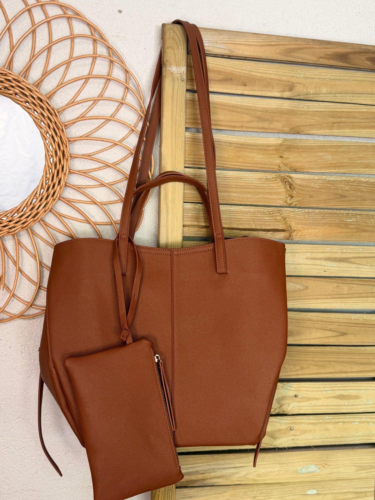 Grand Sac cabas 2 en 1 en simili cuir grainé - PAULE Camel grainé