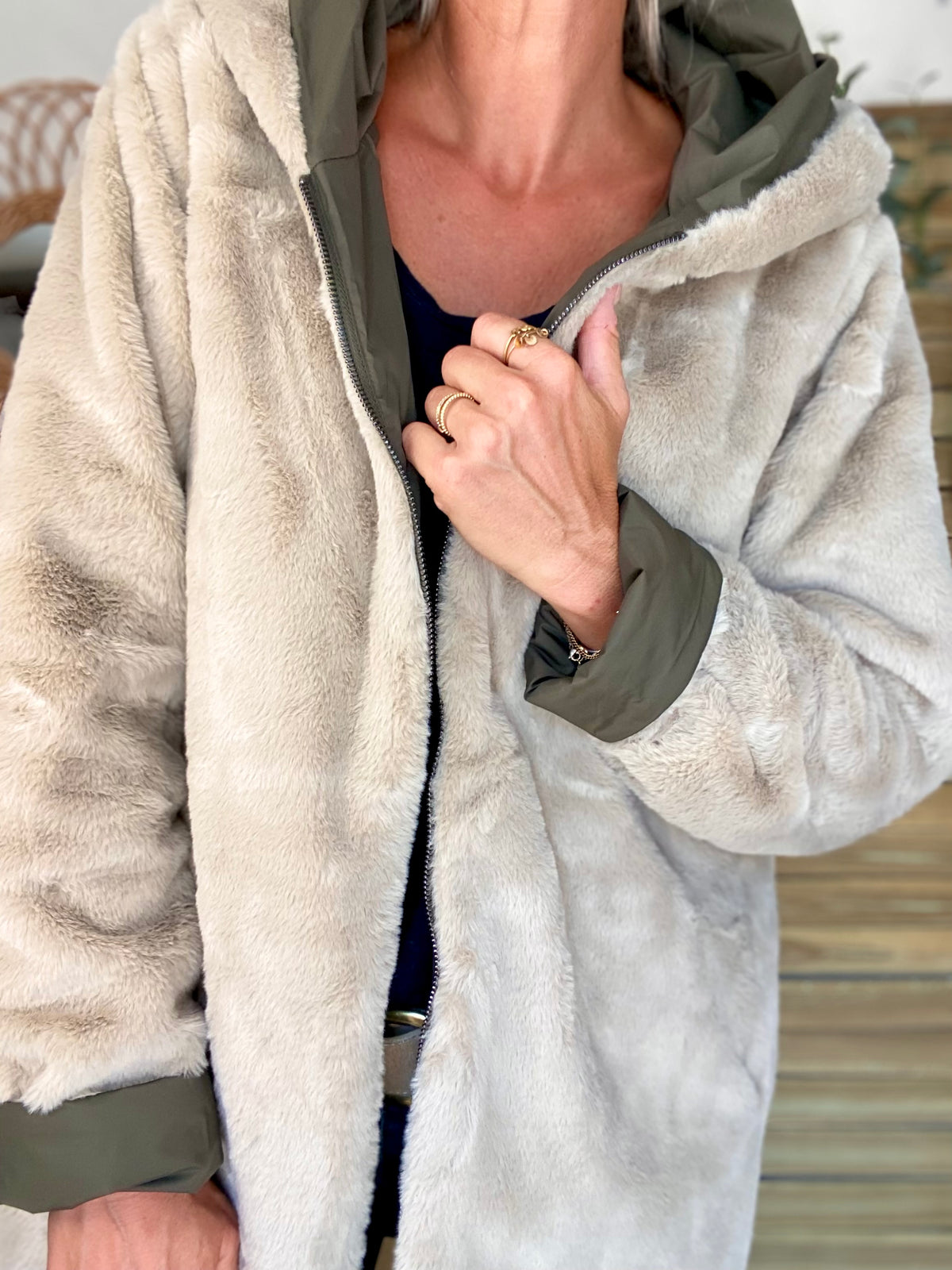 LAURA JO - Parka Imperméable réversible fourrée Kaki / Beige ALIX Long