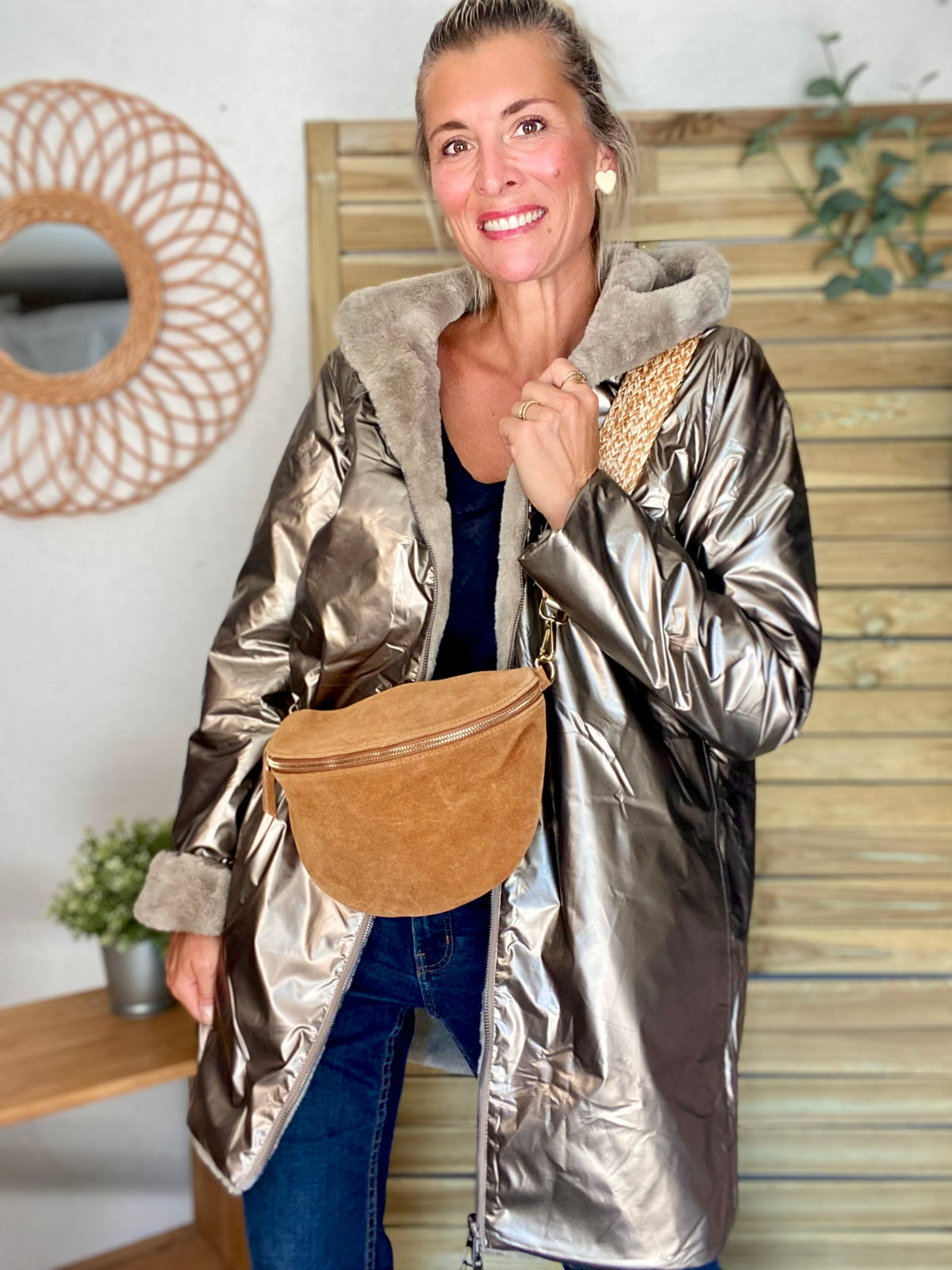 LAURA JO - Parka Imperméable réversible fourrée Bronze / Beige ALIX Long