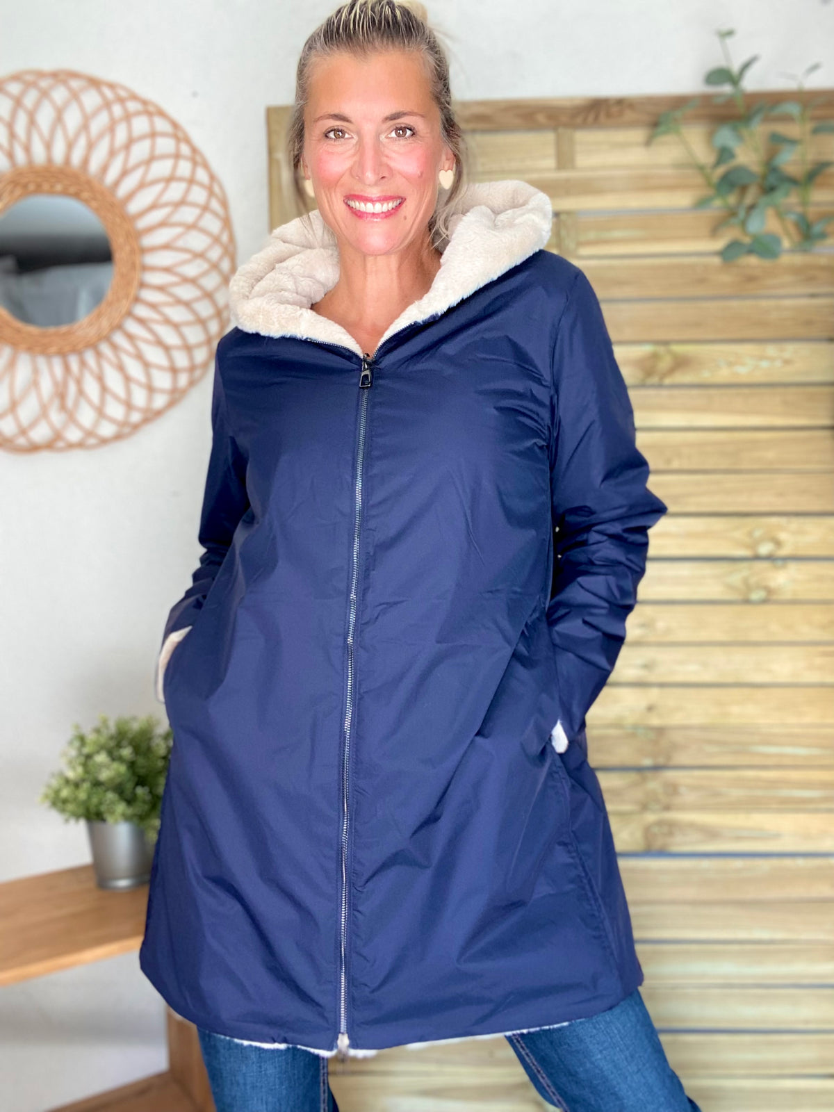 LAURA JO - Parka Imperméable réversible fourrée Bleu marine / Beige ALIX Long