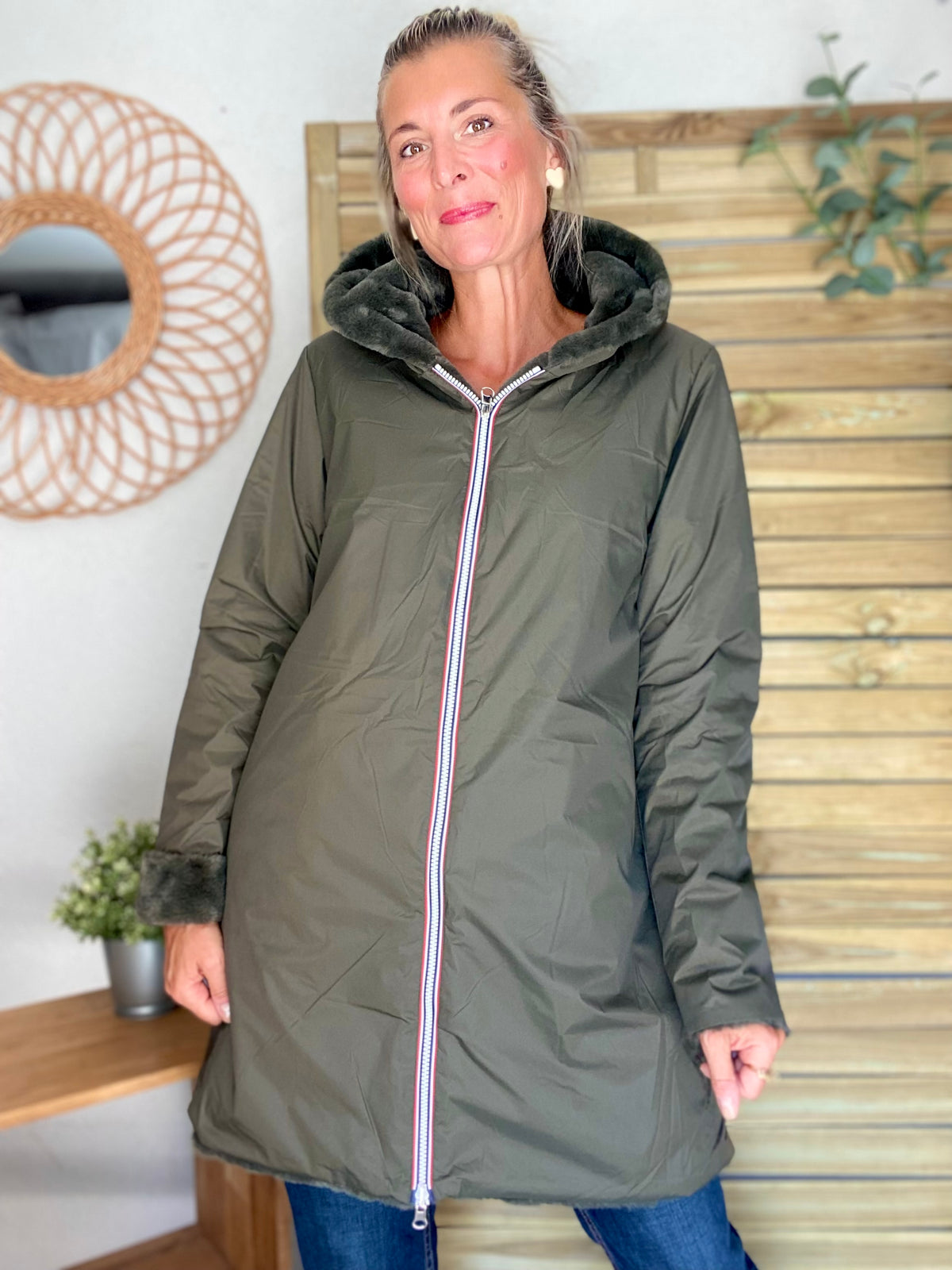LAURA JO - Parka Imperméable réversible fourrée Kaki / Kaki ALIX Long • DÉSTOCKAGE sur Taille S