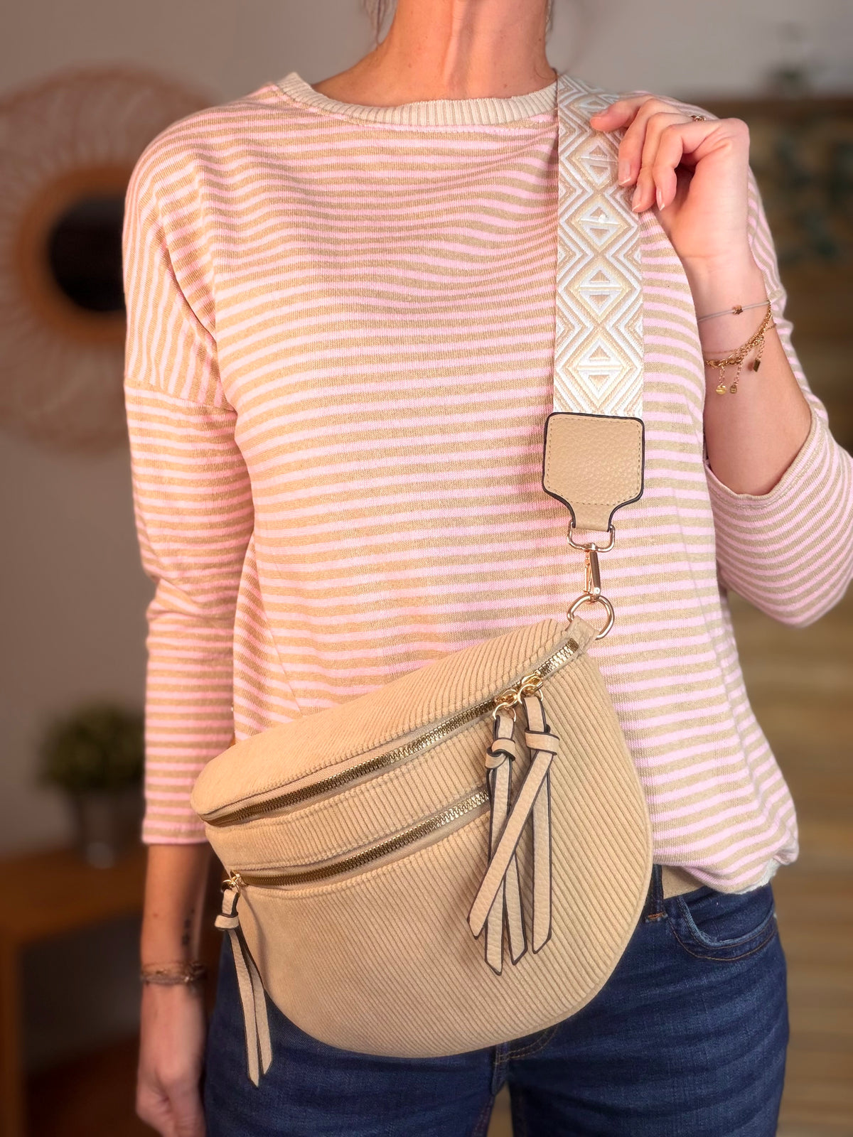 Sac banane en velours côtelé, sangle fantaisie - KATY - Camel clair - FIN DE SÉRIE
