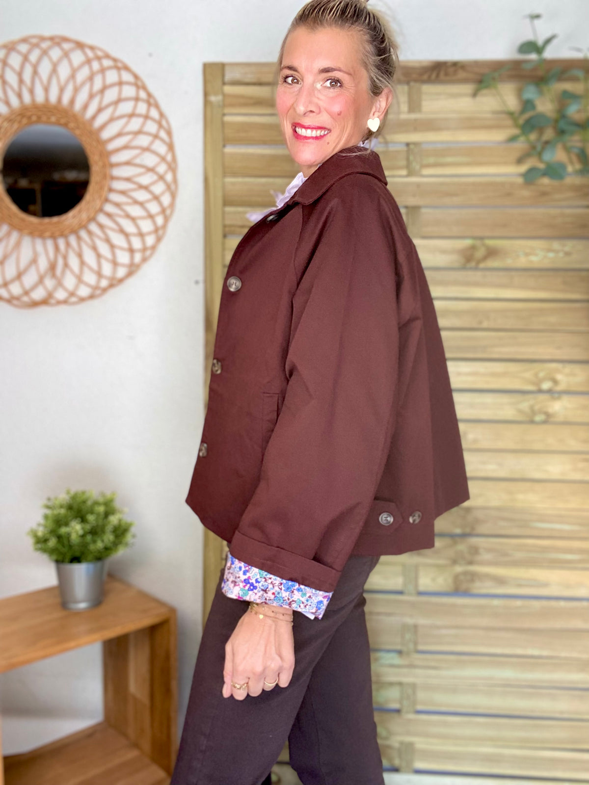 Veste Trench en coton bordeaux foncé avec Liberty - MAHAUT - LILI et LALA - FIN DE SÉRIE