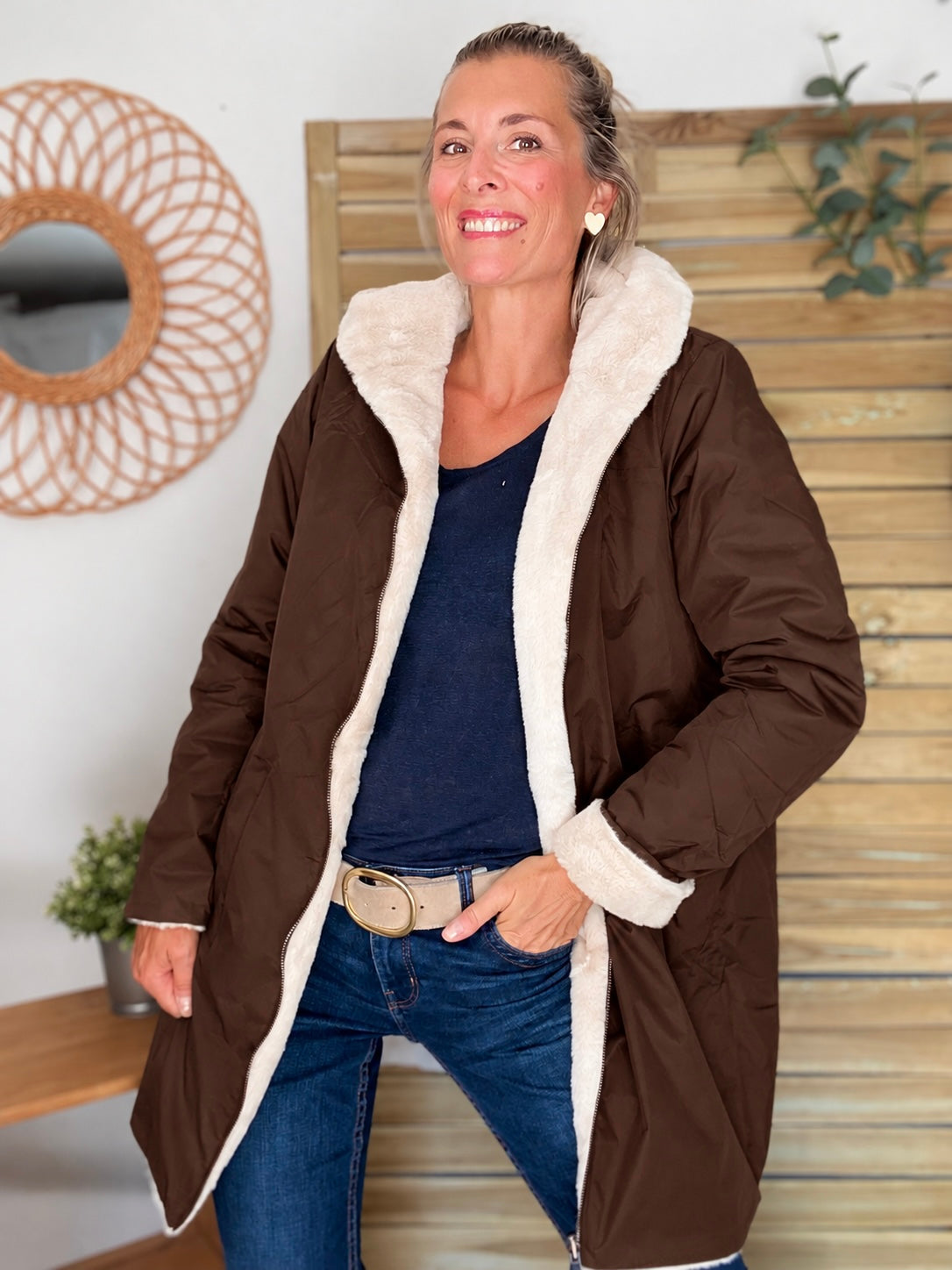 LAURA JO - Parka Imperméable réversible fourrée Chocolat ALIX Long