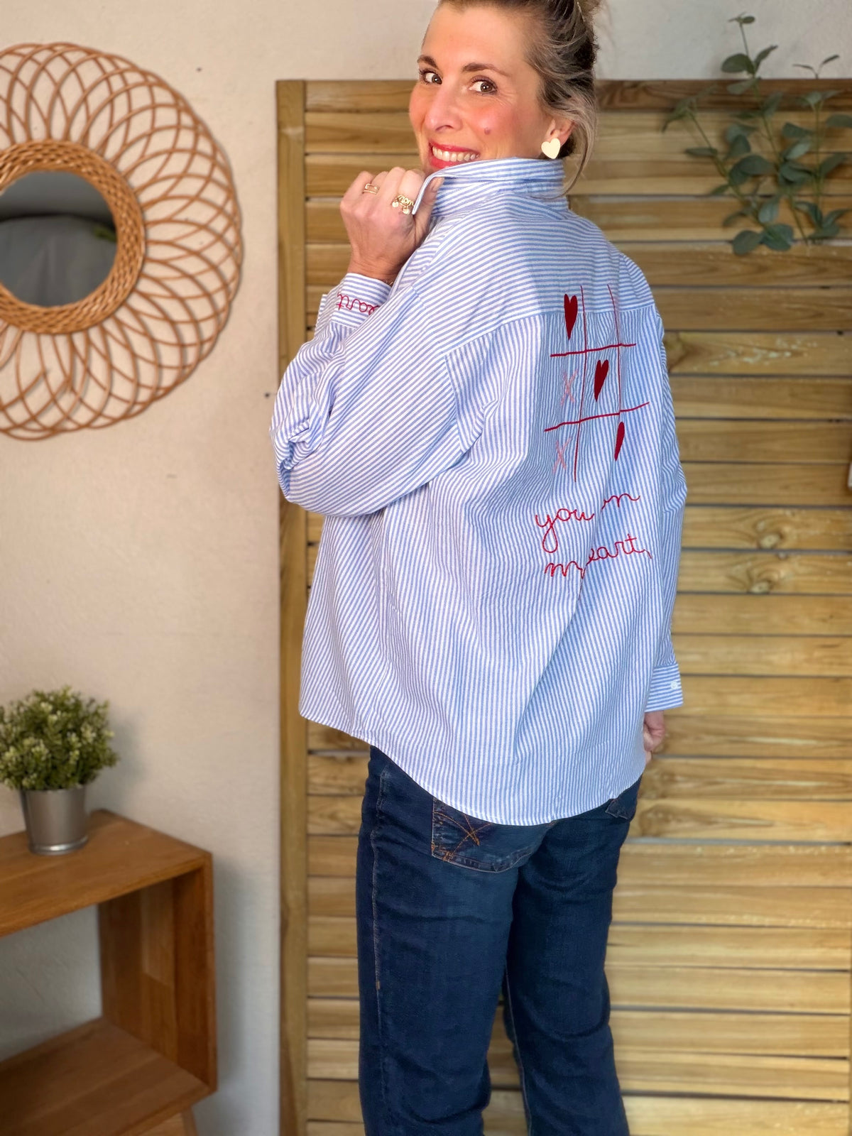 Chemise bleue rayée brodée YOU WON MY HEART ❤️ MAUREEN - FIN DE SÉRIE