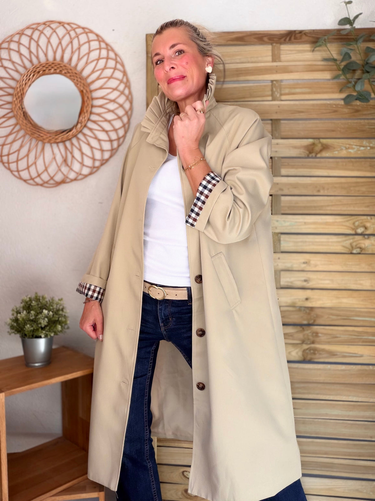 Veste Trench col victorien, revers carreaux - VICKY LONG Beige