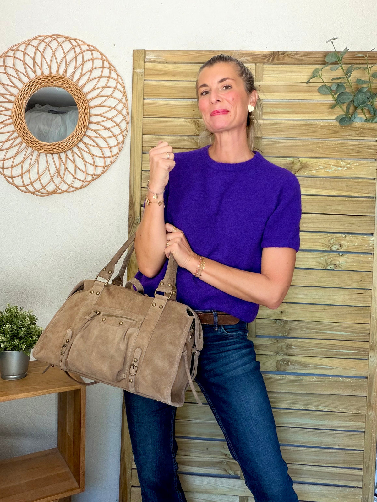 Sac cabas XL en cuir daim • HUNTER Taupe
