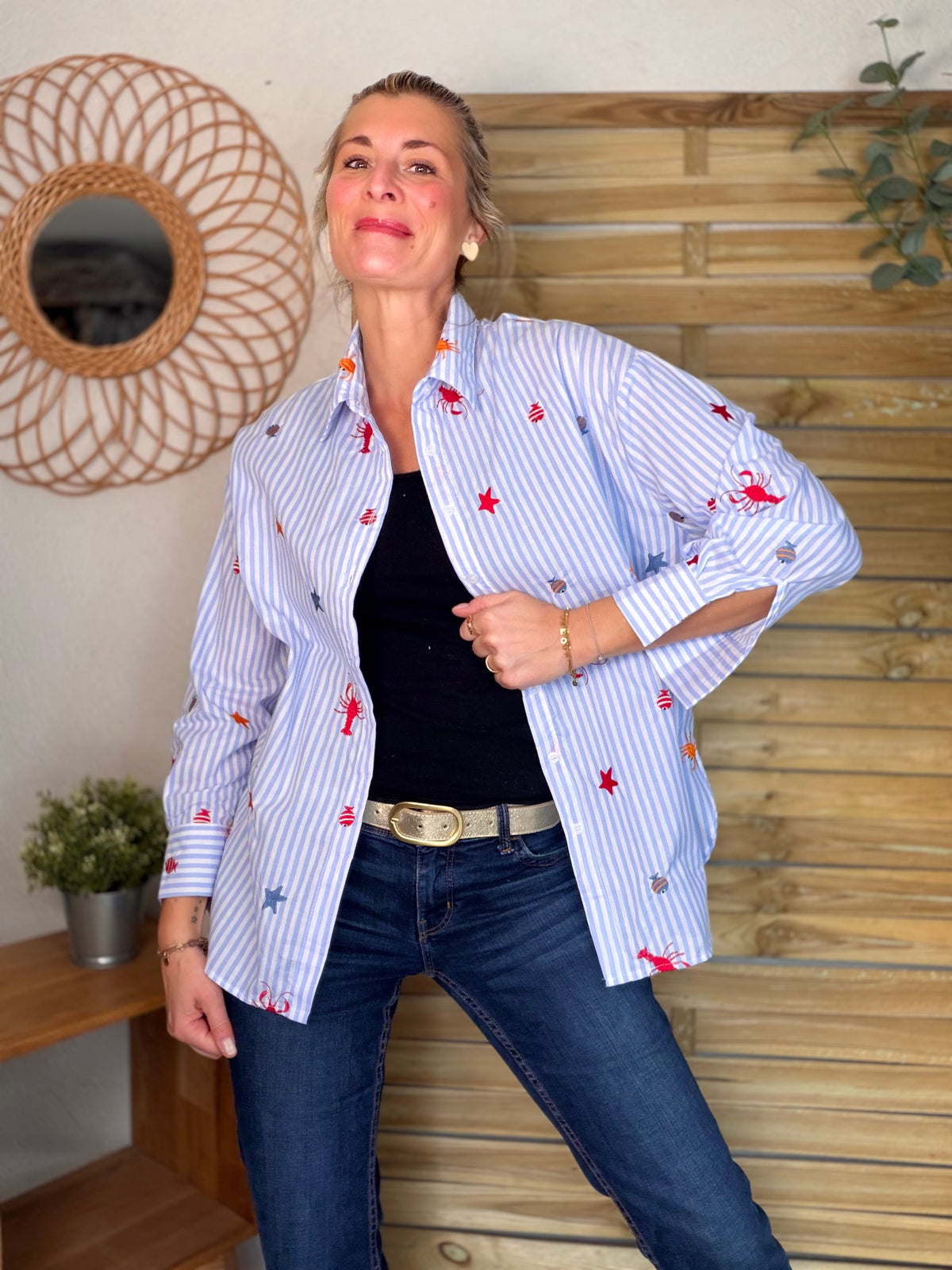 Chemise bleue à rayures coquillages et crustacés - ELORY - FIN DE SÉRIE