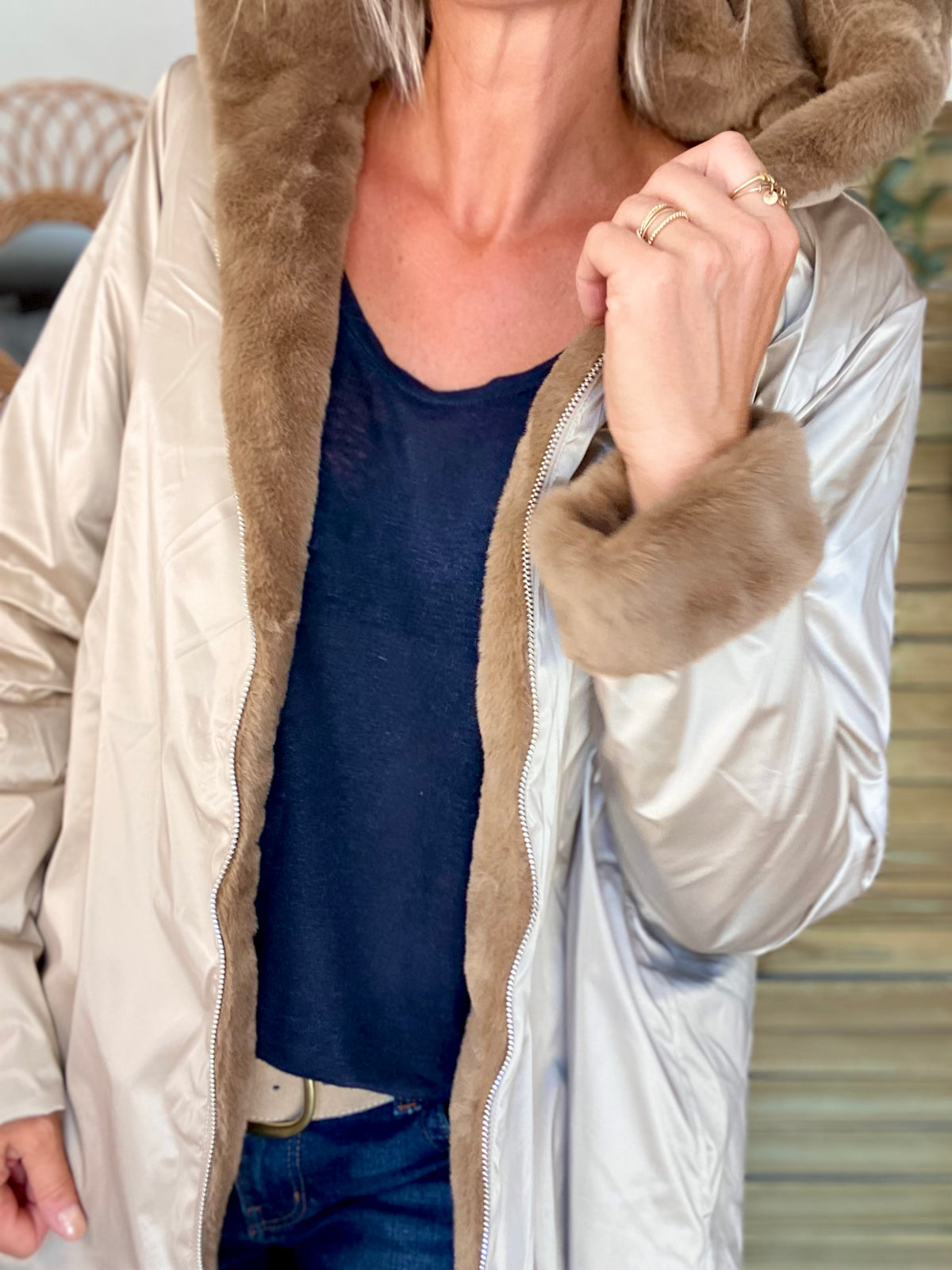 LAURA JO - Parka Imperméable réversible fourrée Sable irisé / Camel ALIX Long