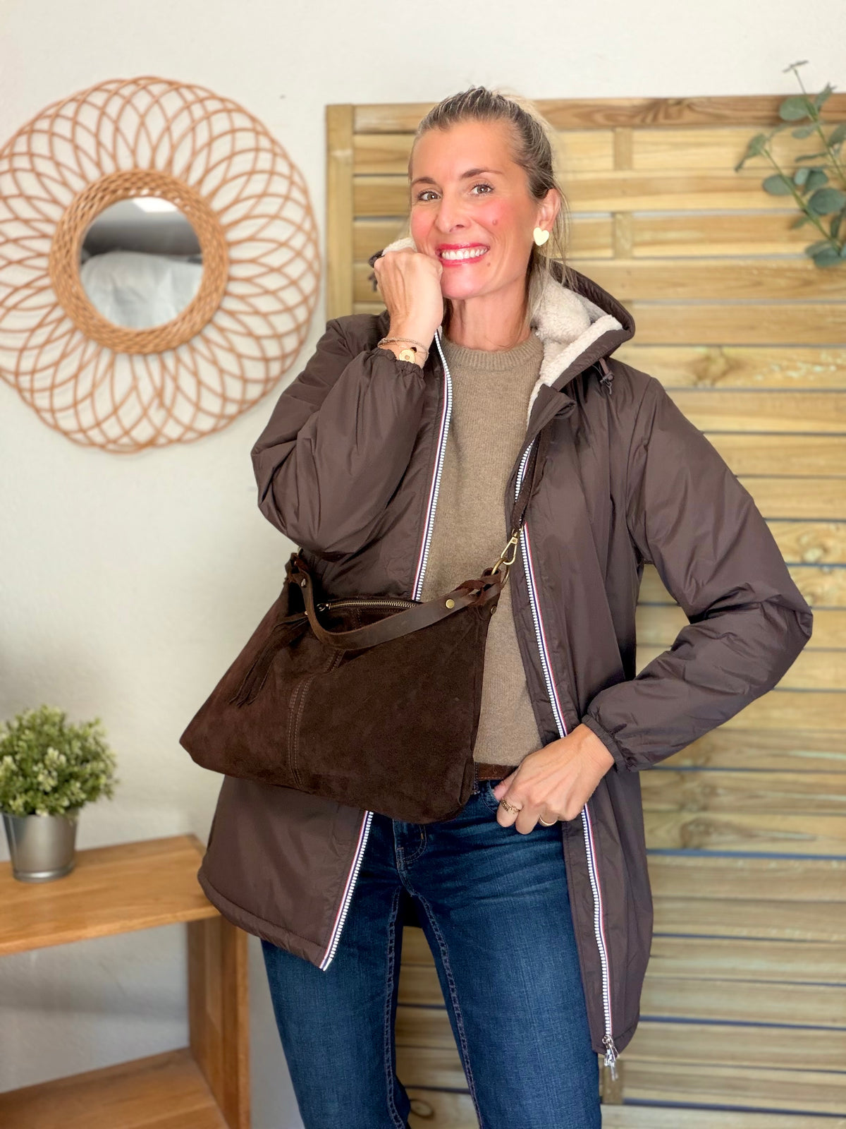 Sac hobo en cuir daim souple, double bandoulière ANDREW Chocolat