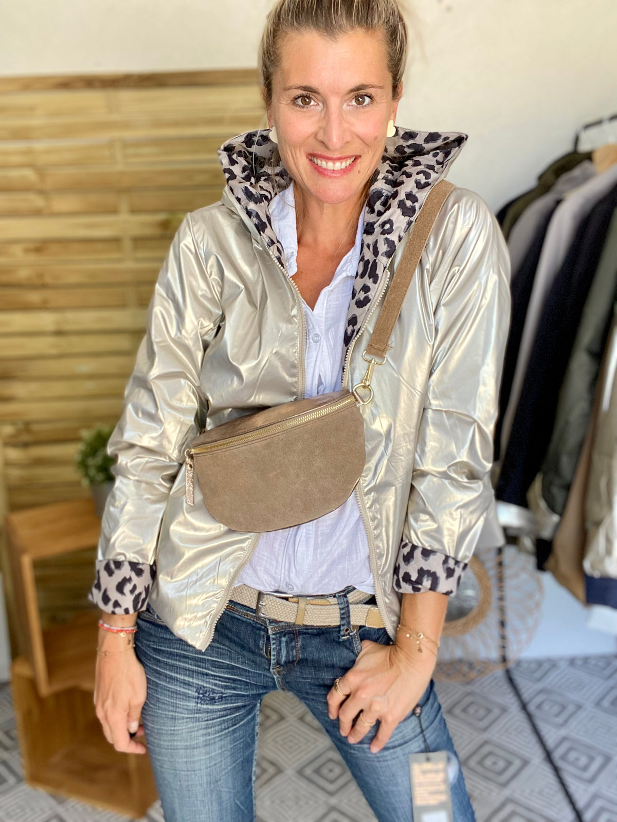 LAURA JO - Imperméable réversible rembourré LOUISON COURT - Doré / léo • DÉSTOCKAGE sur Taille XL