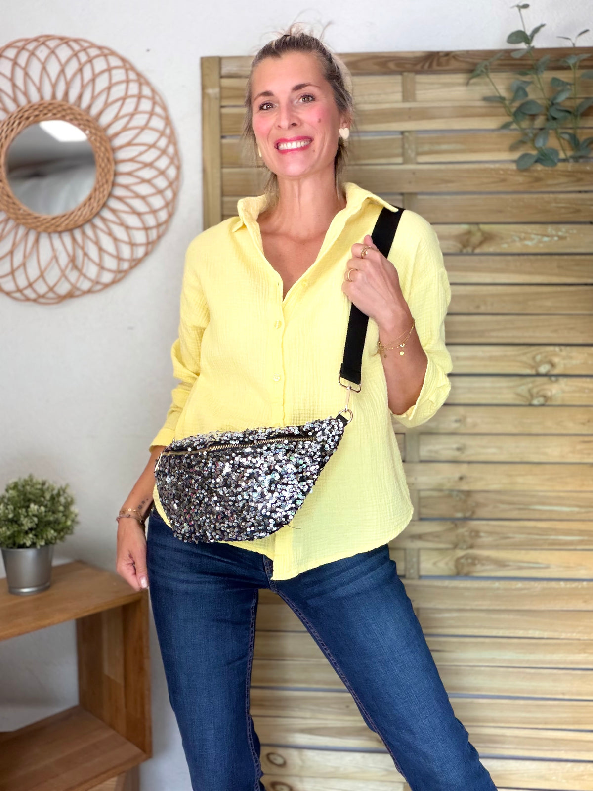 Sac banane L velours à sequins Ciao Boum- TAYLOR - Noir / Argent - DÉSTOCKAGE