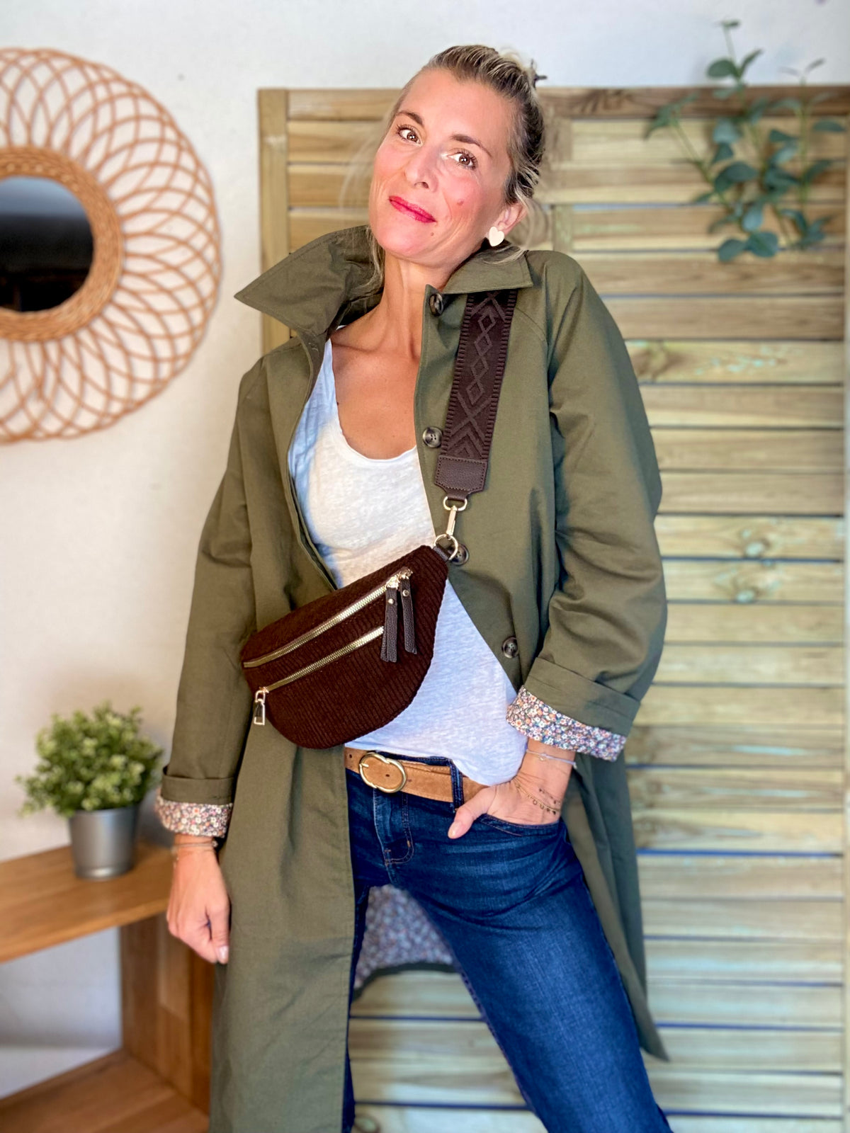 Veste Trench en coton kaki avec Liberty - MAHAUT MI LONG - LILI et LALA • DÉSTOCKAGE sur Taille S