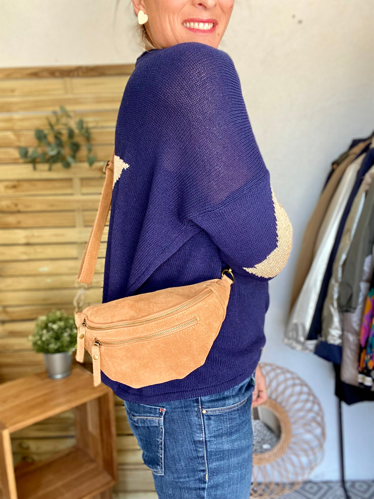 Sac banane double poche en cuir daim - OPALINE - Camel
