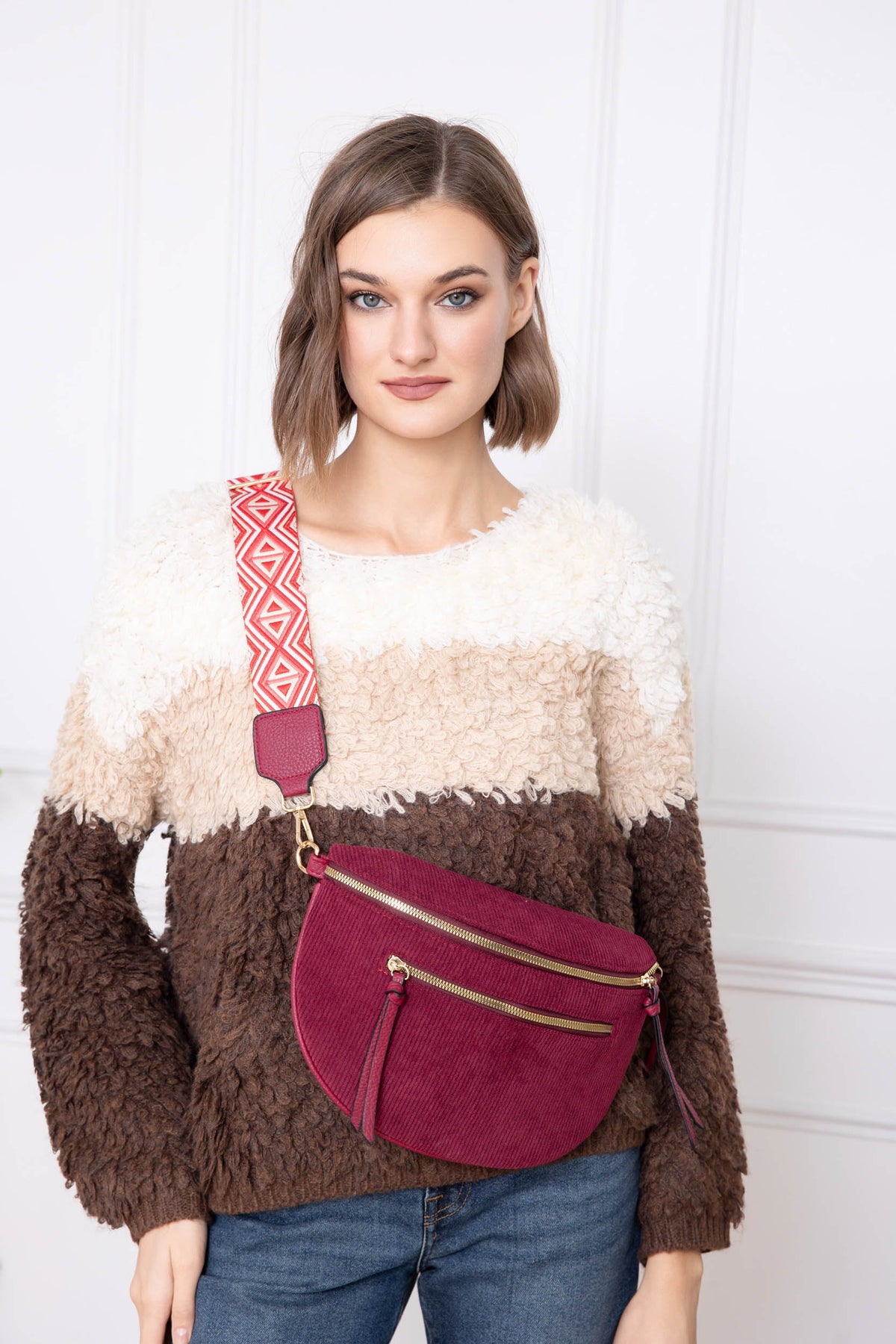 Sac banane en velours côtelé, sangle fantaisie - KATY - Bordeaux - FIN DE SÉRIE