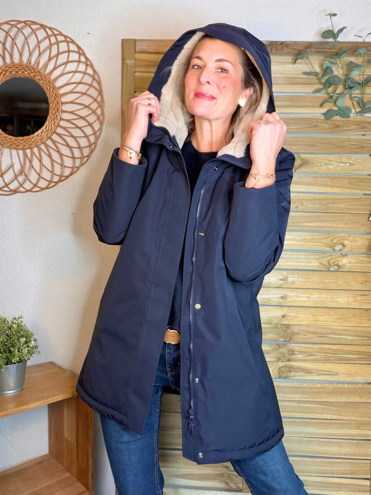 LAURA JO - Parka fourrée imperméable AMBRE LONG - Bleu marine / Beige